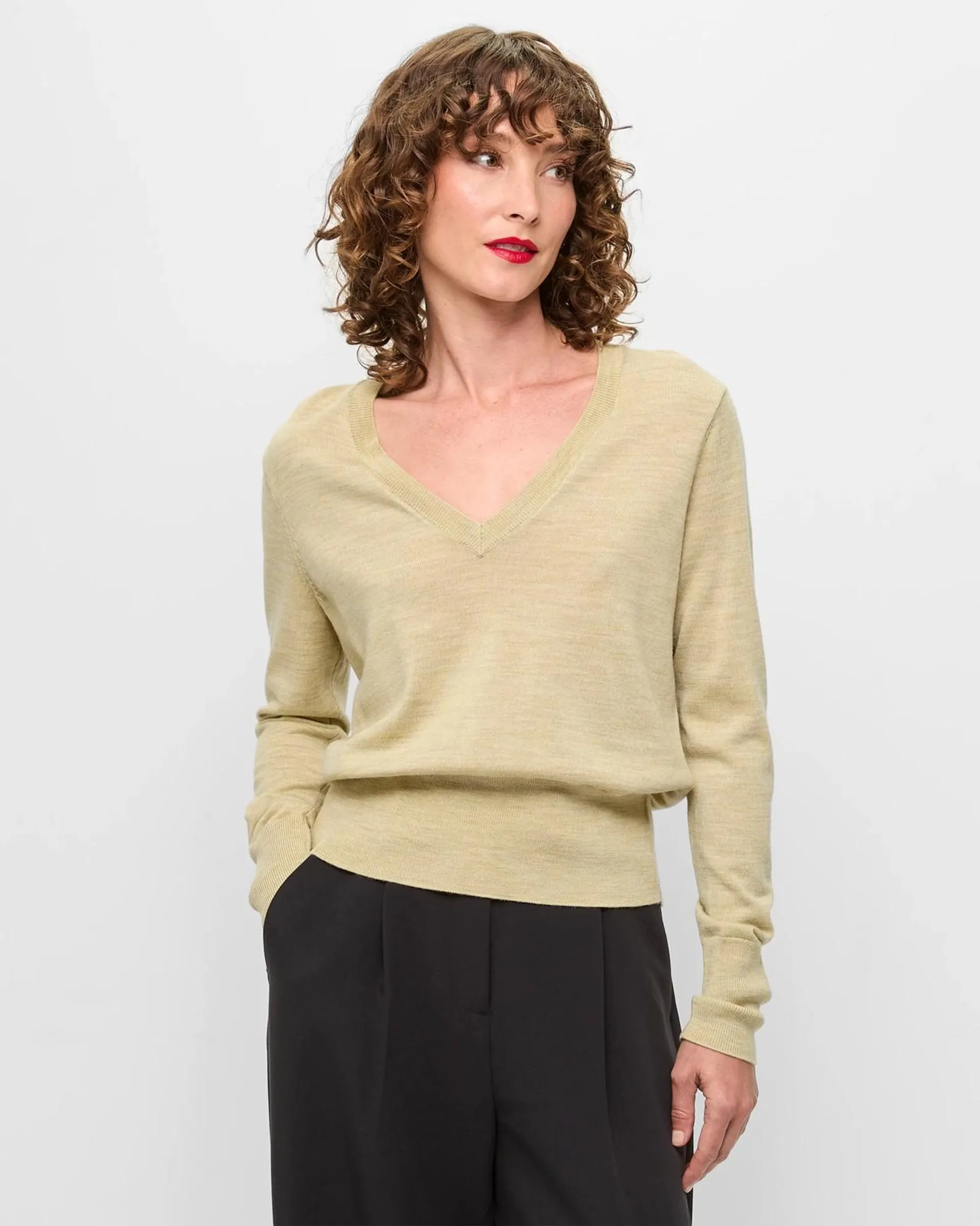 Long Sleeve Merino V-Neck Jumper - Preview - Matcha Marle