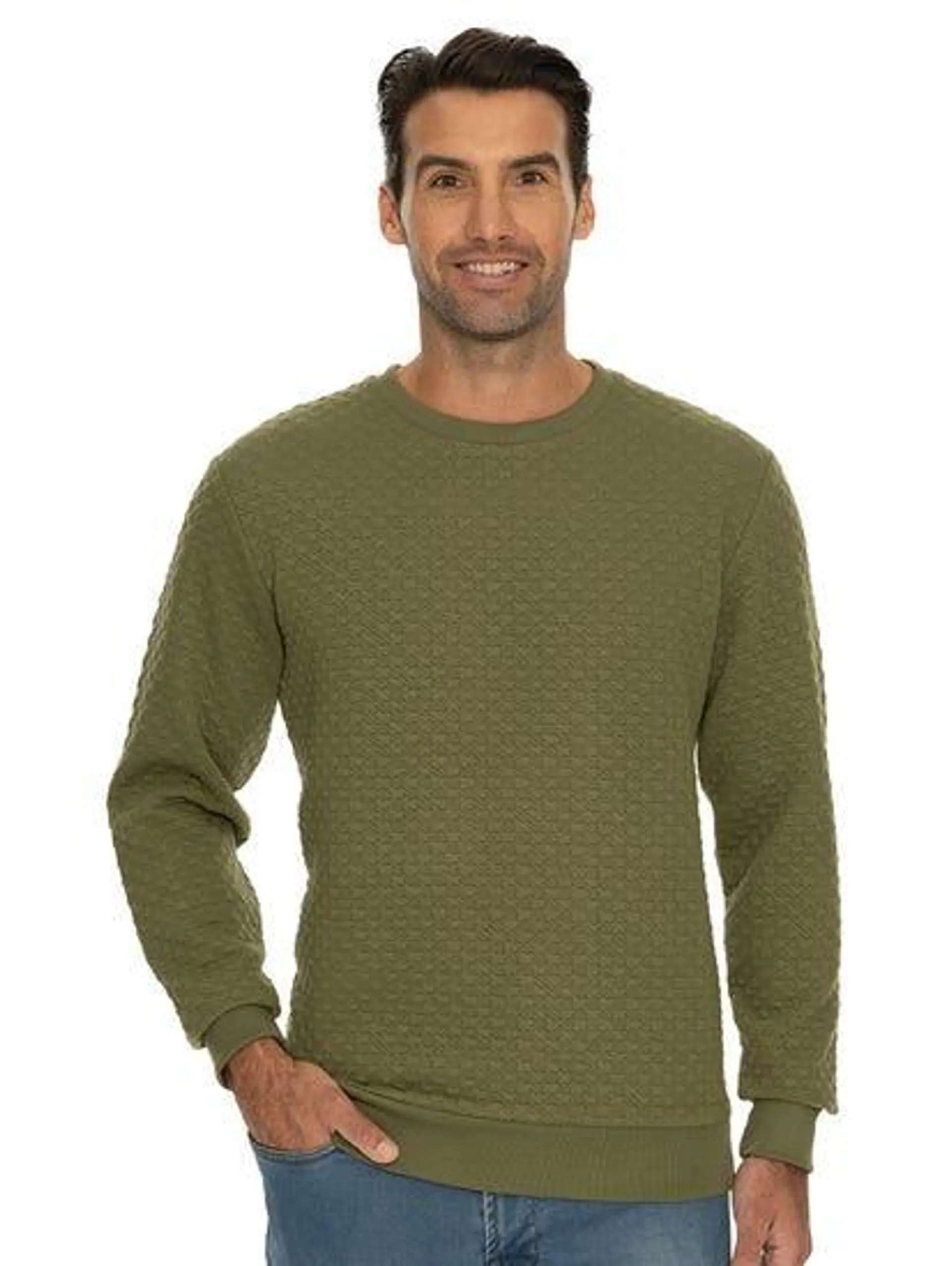 Mens Crew Neck Fleece Textured Top Olive Green