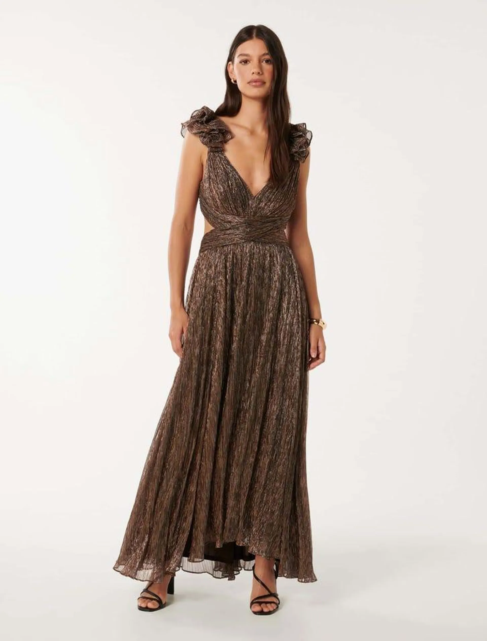 Selena Plisse Ruffle-Shoulder Maxi Dress