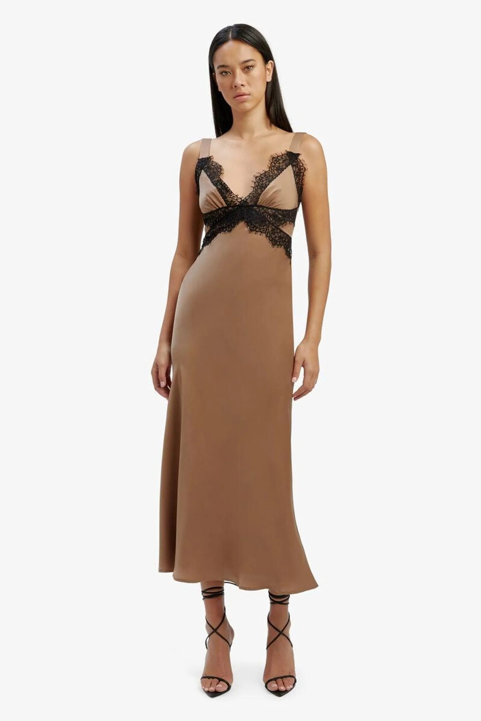 delta satin midi dress in bronze