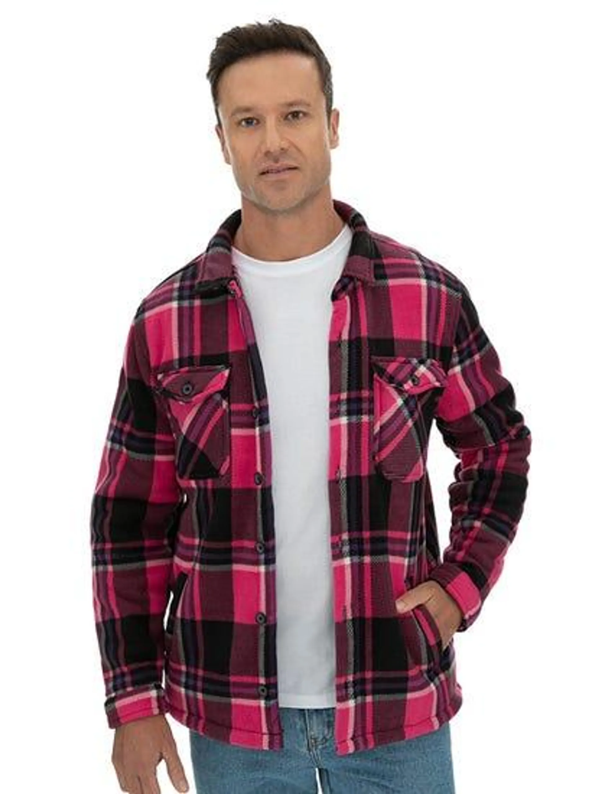 Mens Polar Fleece Shacket Pink Check