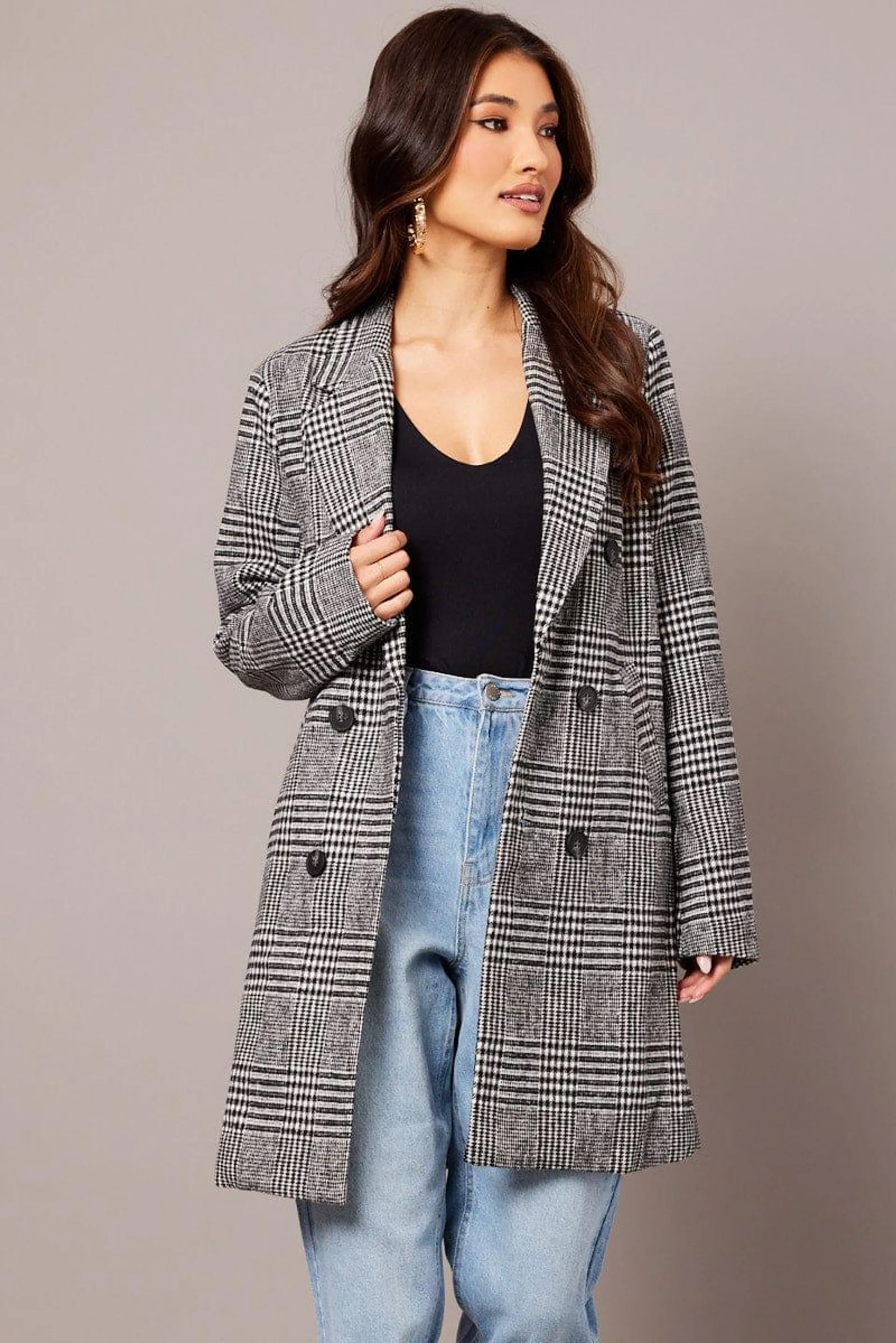 Black Check Coat Long Sleeve