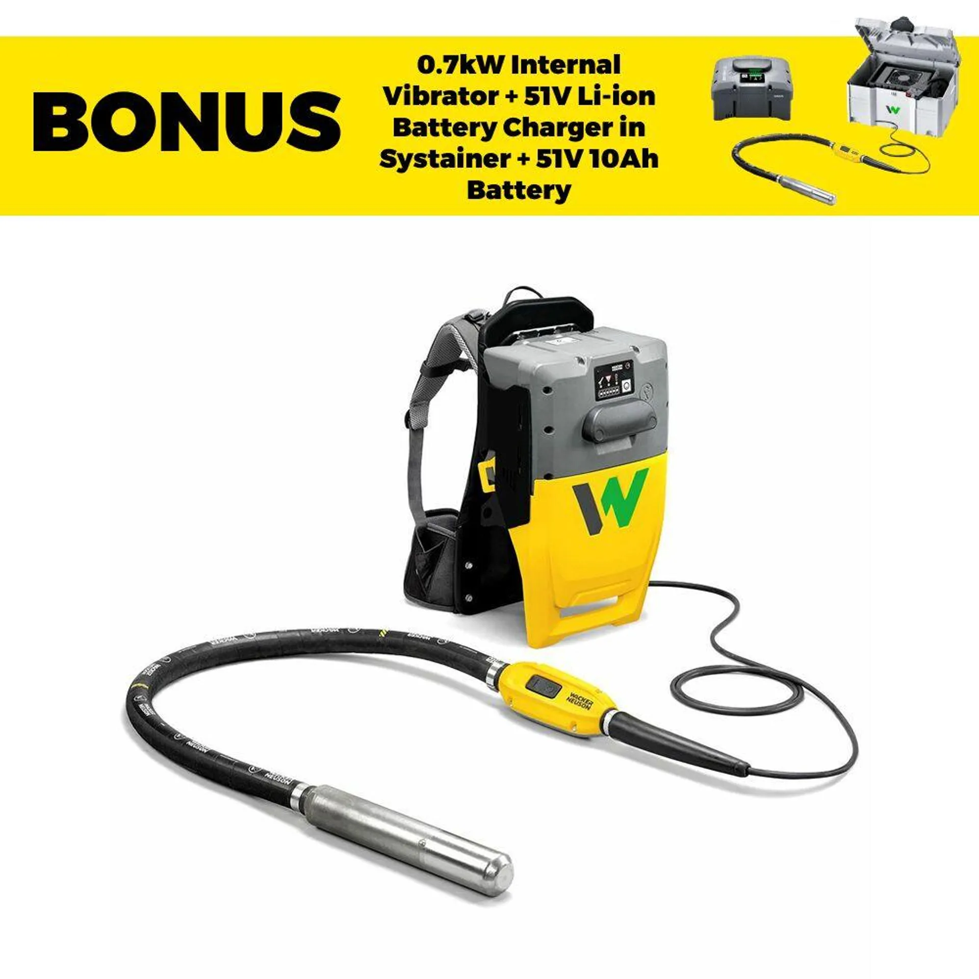 Wacker Neuson ACBe + IEe58/34/1.5 51V Battery Backpack System & 0.7kW Internal Vibrator with 58mm Head & 1.5m Shaft