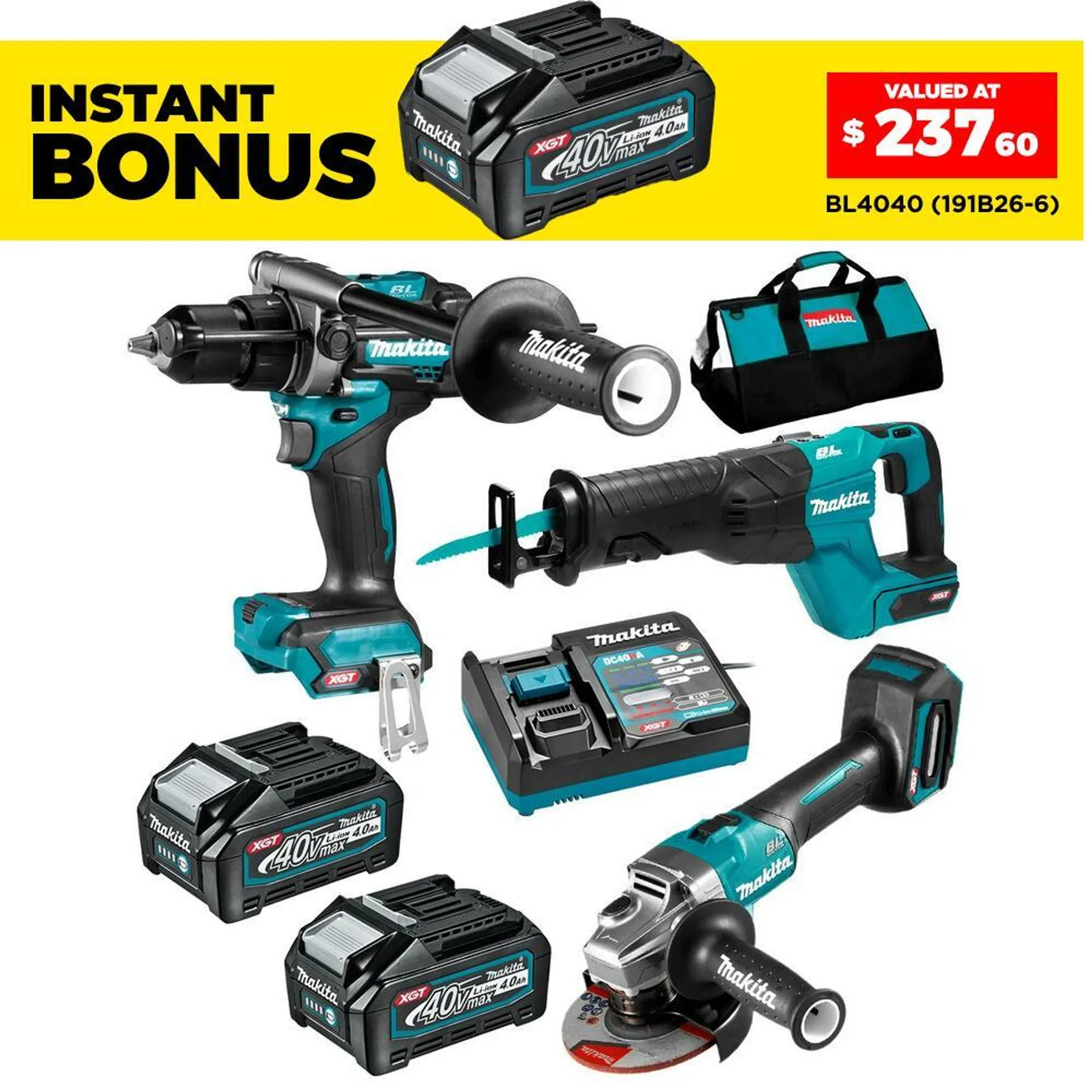 Makita DK0133G301 40V Max 4.0Ah Li-ion XGT Cordless Brushless 3pce Combo Kit