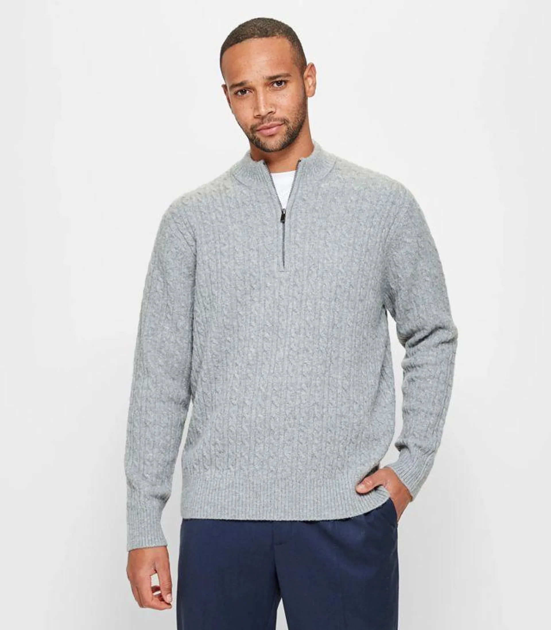 Zip Neck Cable Knit Jumper - Preview - Grey Marle