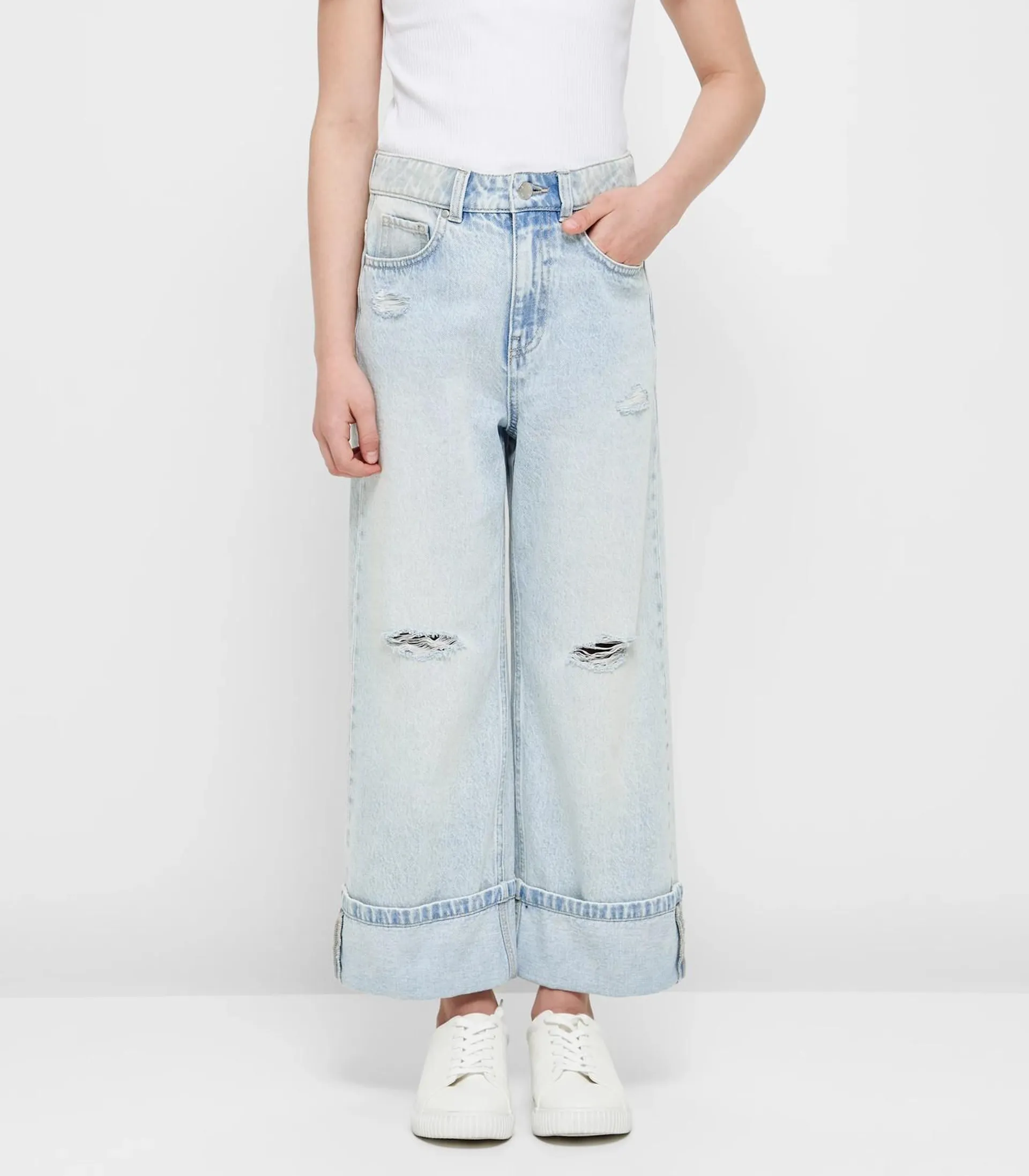 Wide Leg Cuffed Denim Jeans