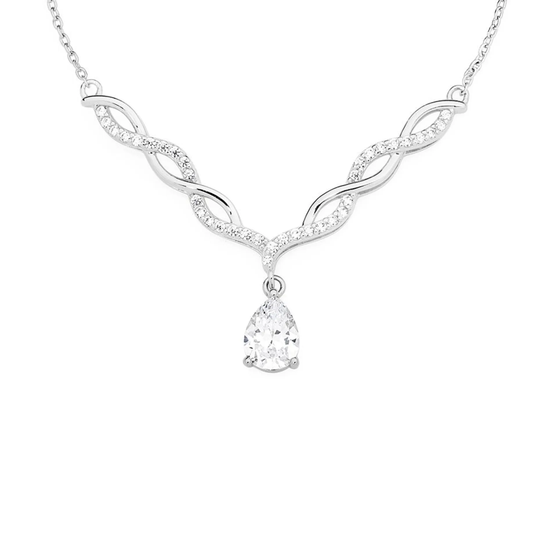 Silver Pear CZ on CZ Twist Necklet