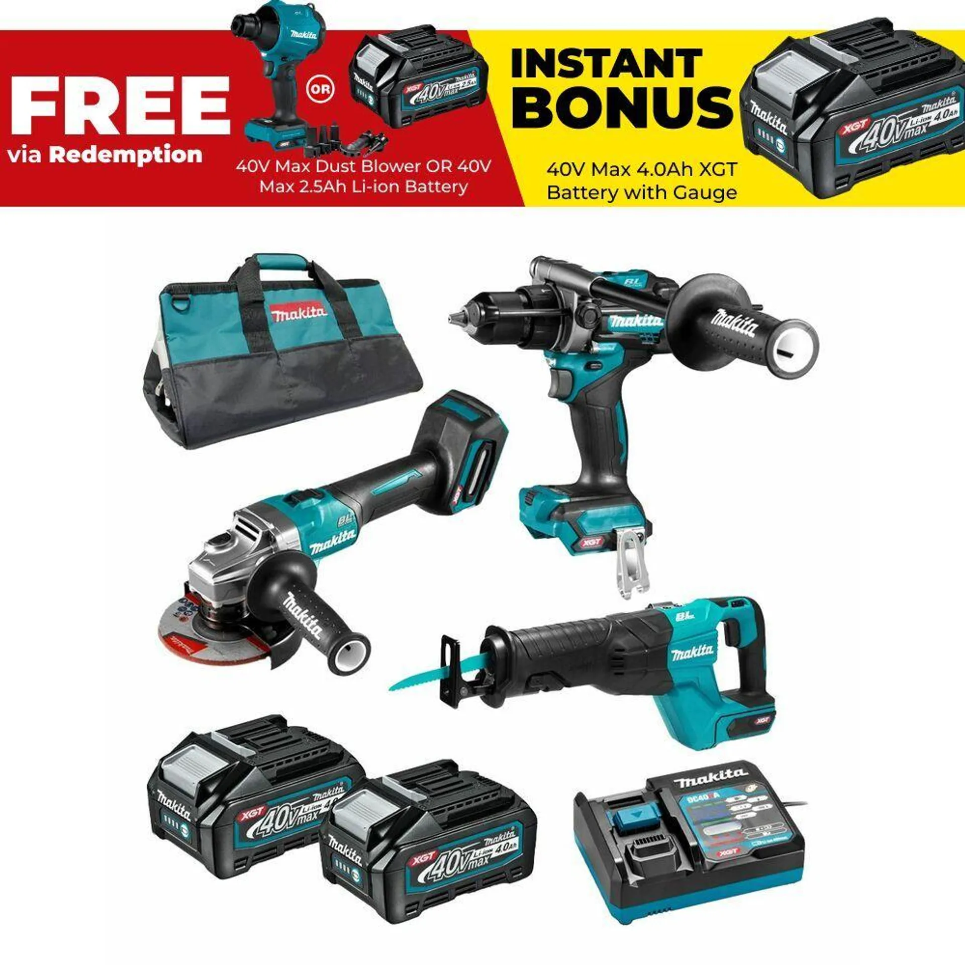 Makita DK0133G302 40V Max 4.0Ah Li-ion XGT Cordless Brushless 3pce Combo Kit