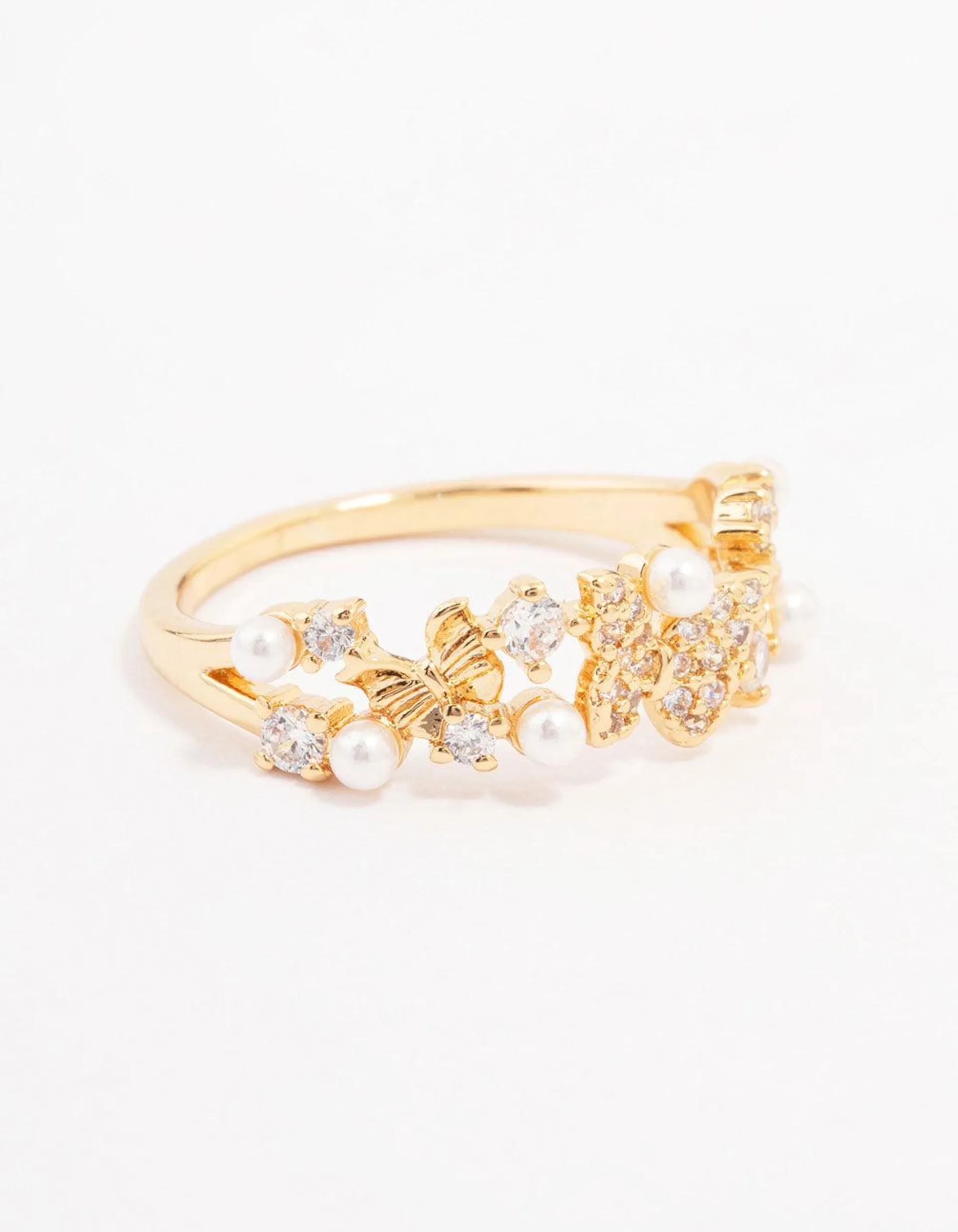 Gold Plated Butterfly Pearl Band Ring