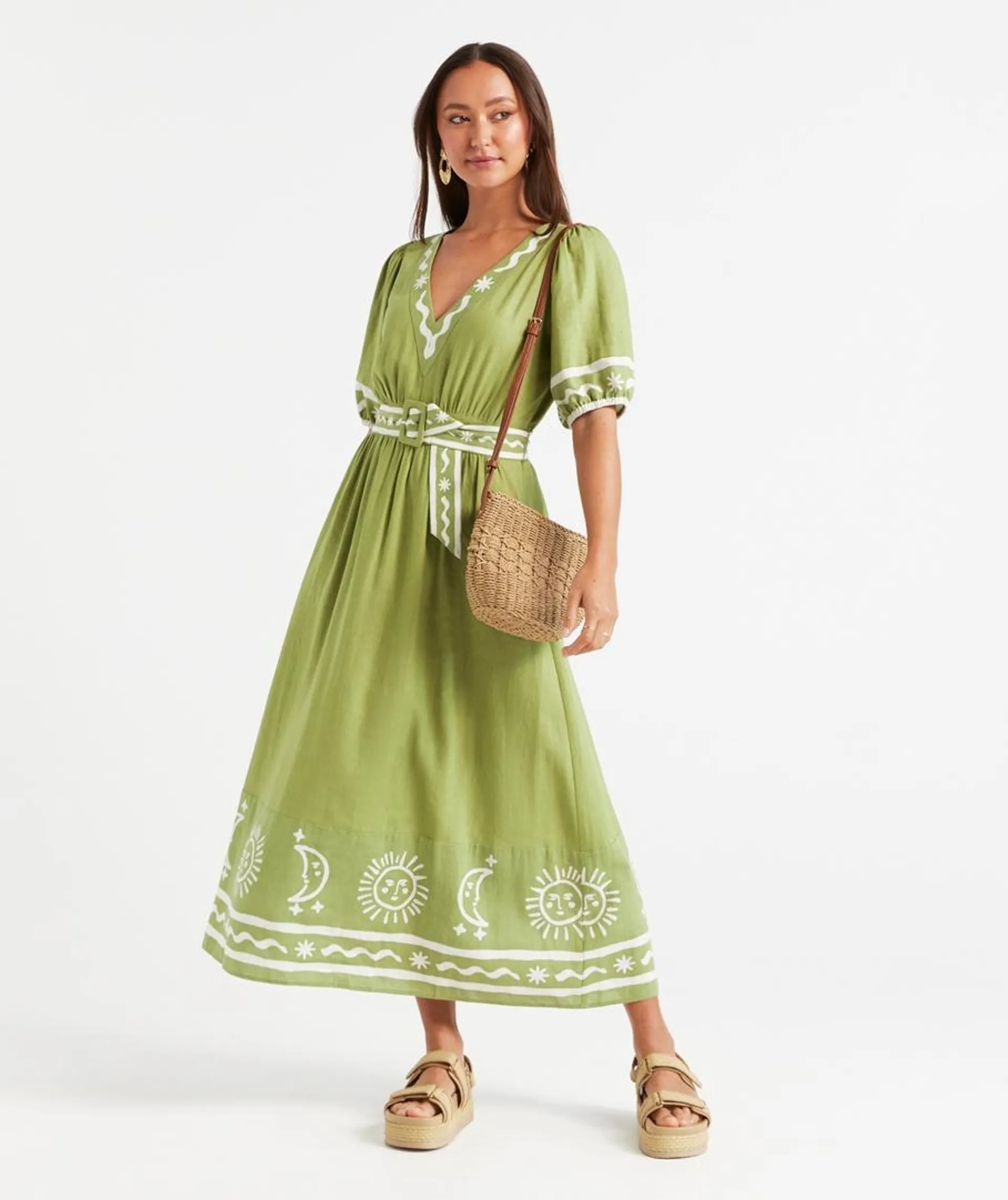 REIGN BELTED LINEN BLEND MIDI DRESS