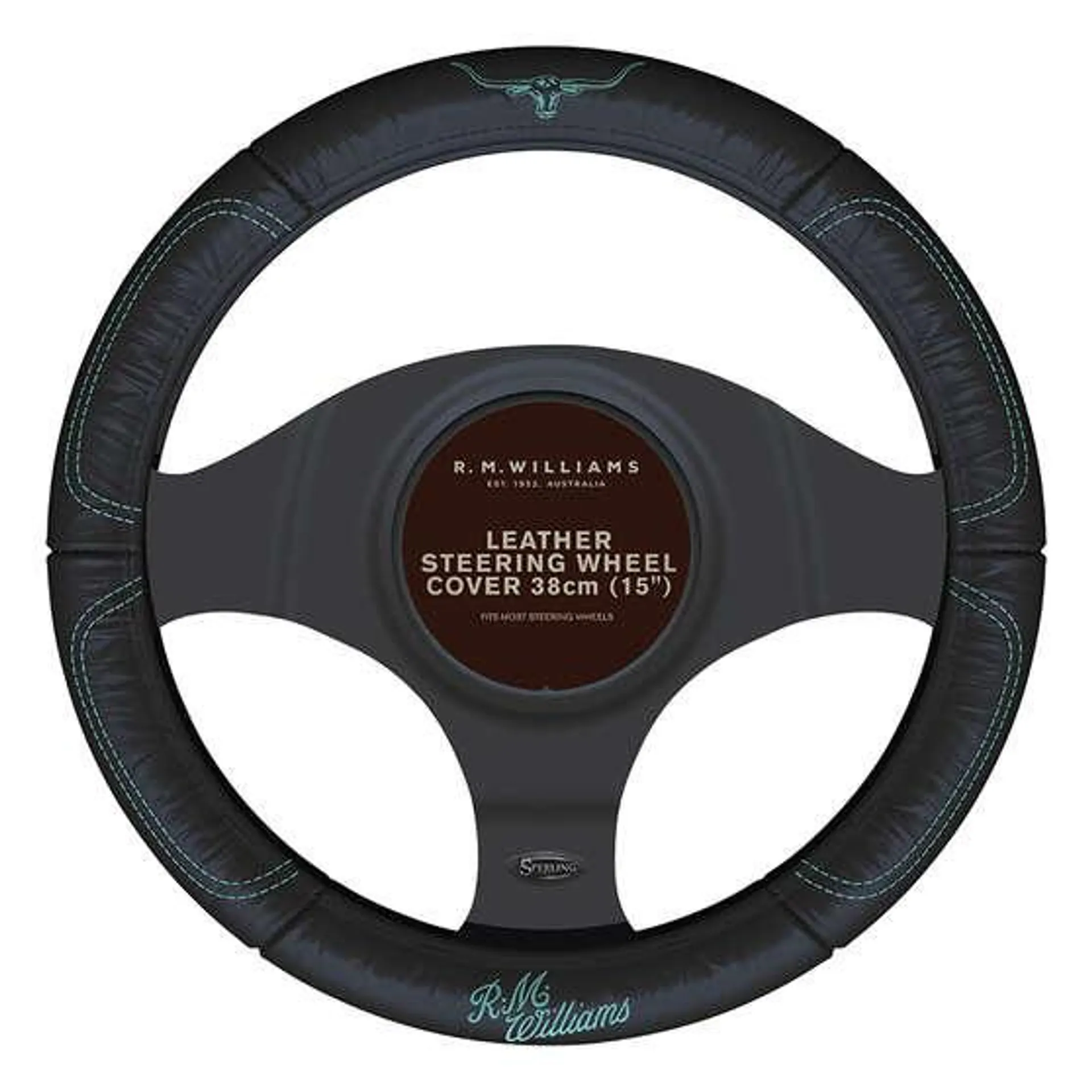 R.M.Williams Aqua Steering Wheel Cover Leather Black/Aqua 380mm Diameter