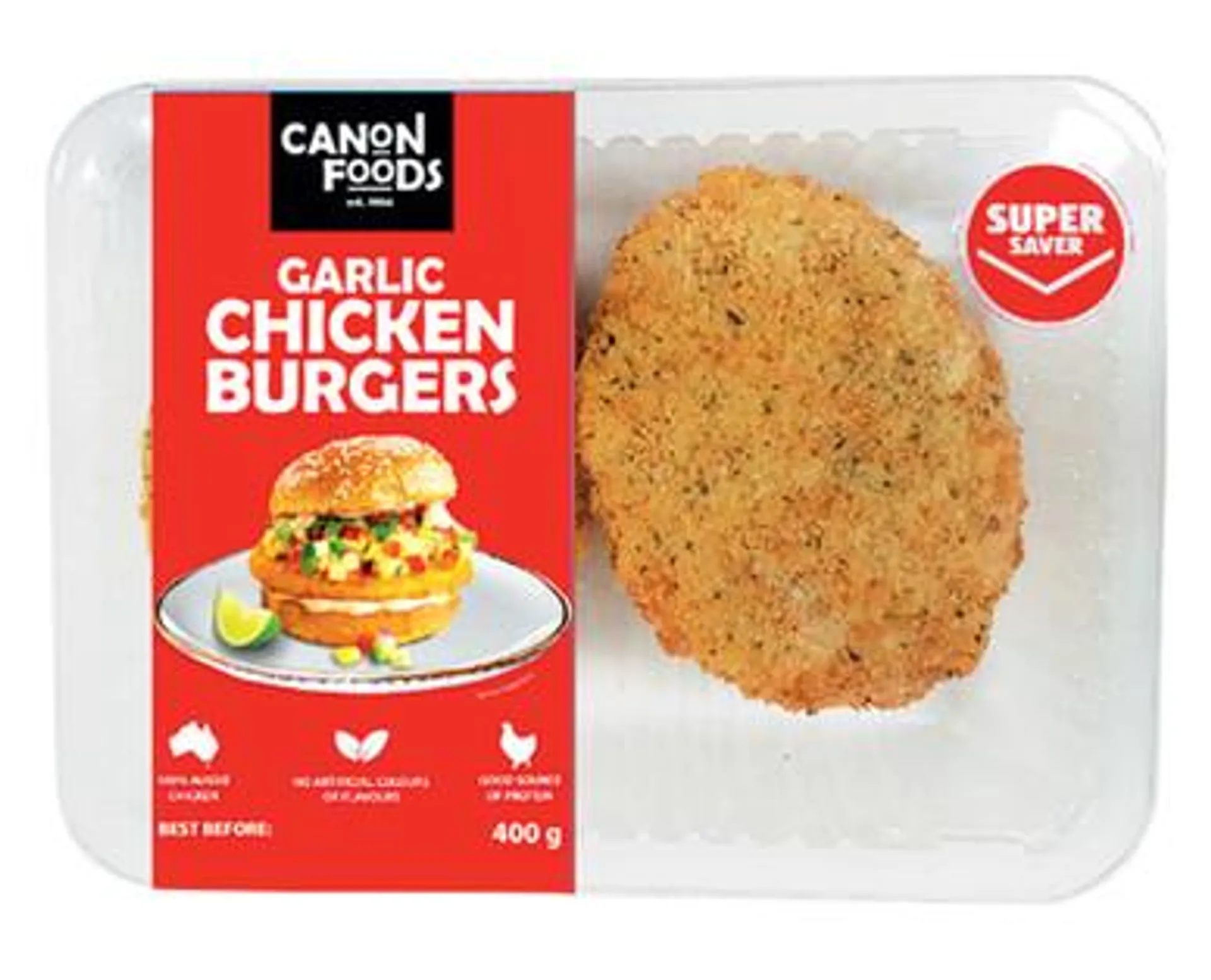 Canon Foods Garlic Chicken Burgers 4pk/400g