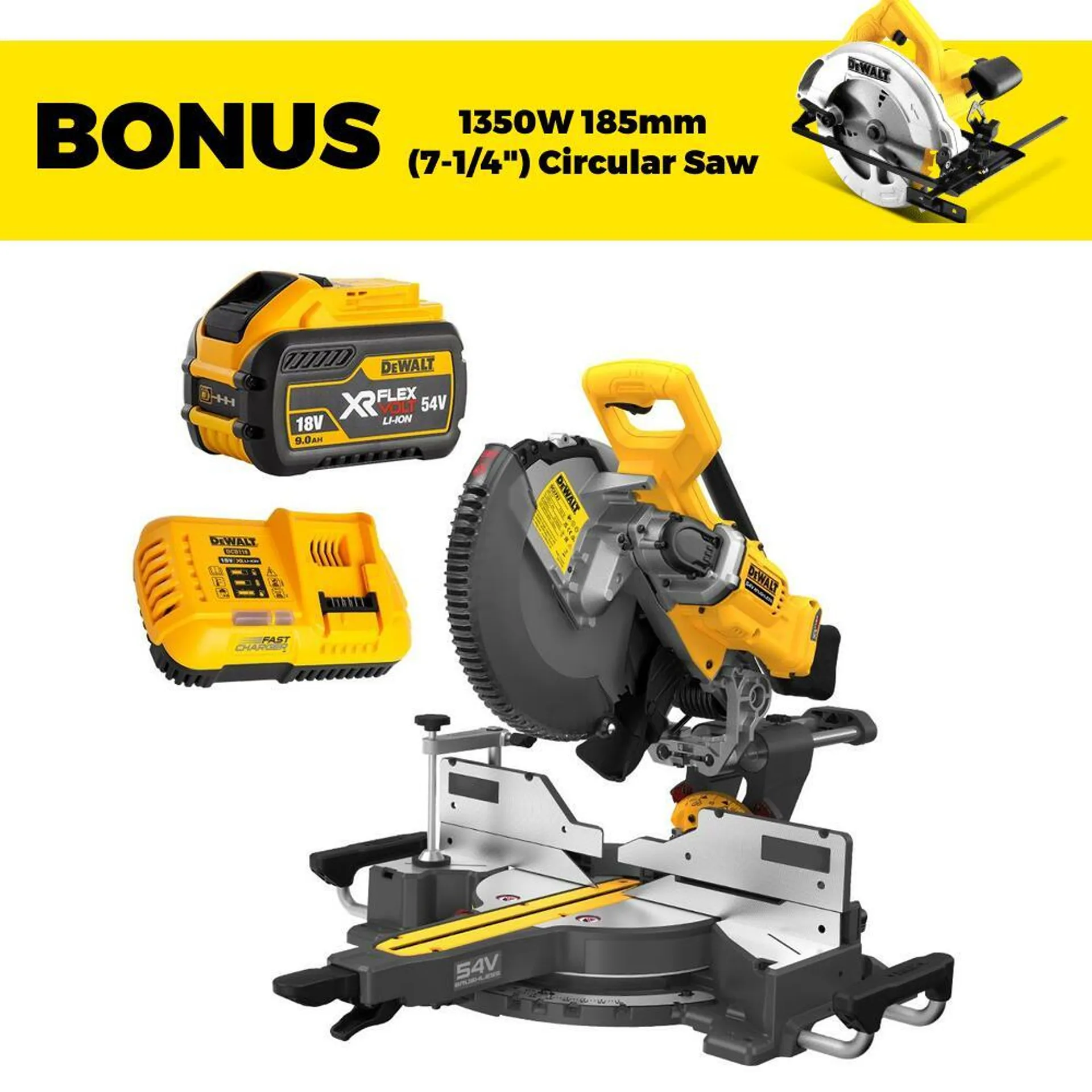 DeWalt DCS781X1-XE 54V 9.0Ah XR FlexVolt Li-ion Cordless Brushless 305mm (12") Mitre Saw Combo Kit