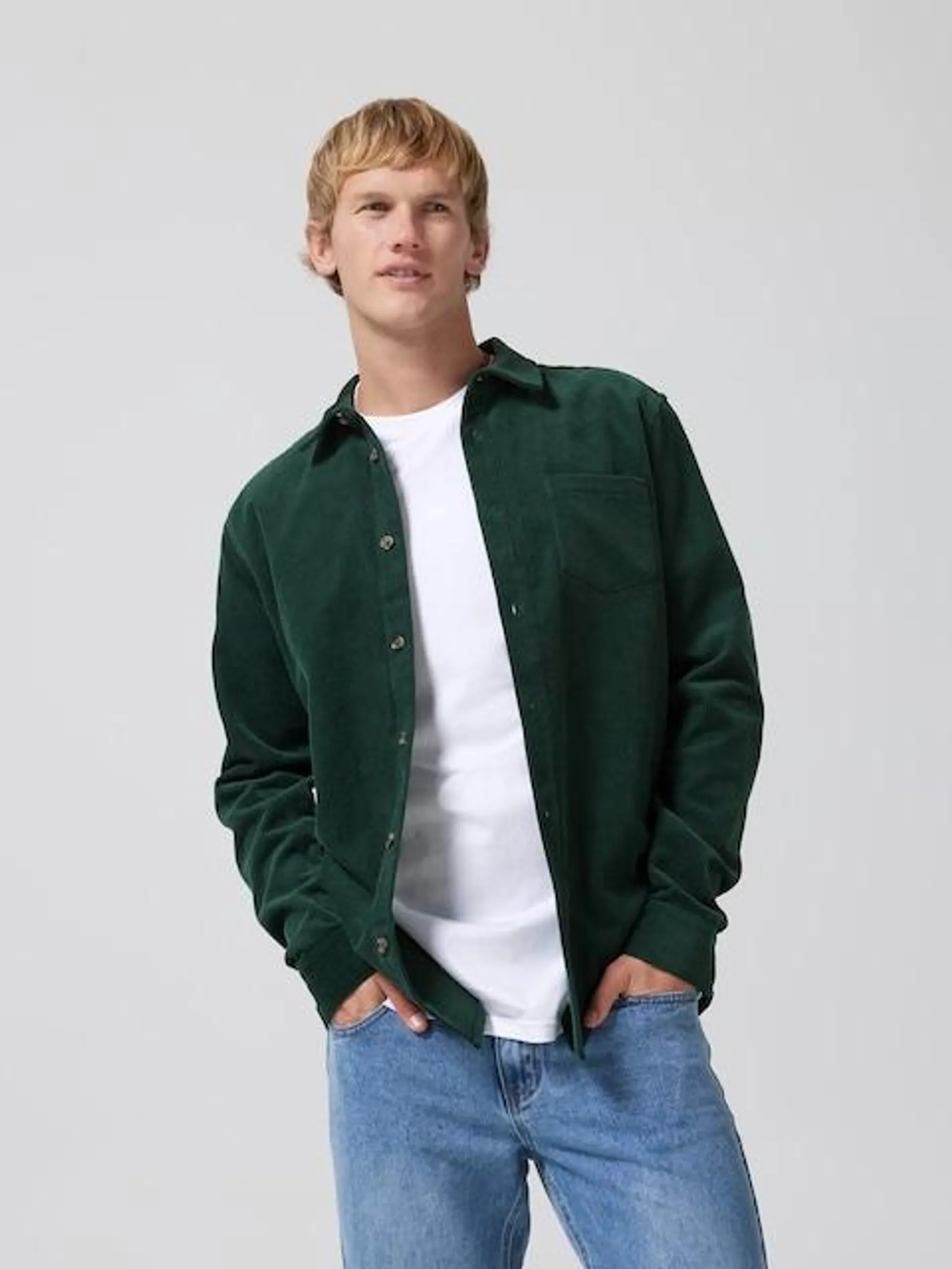 Bottle Green Cord Long Sleeve Shirt