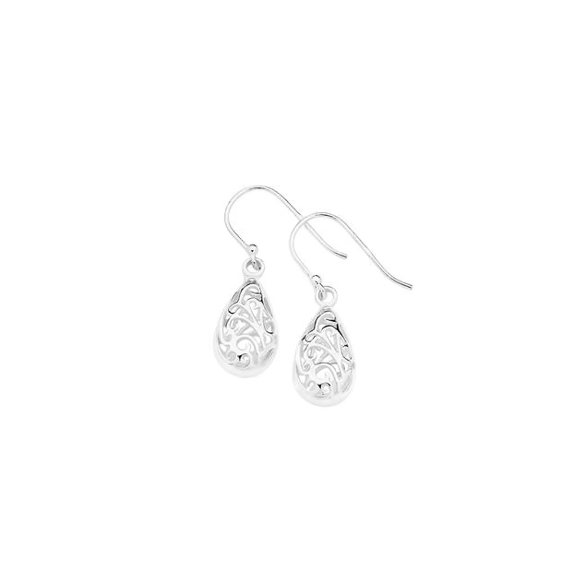 Silver Pear Filigree Hook Drop Earrings