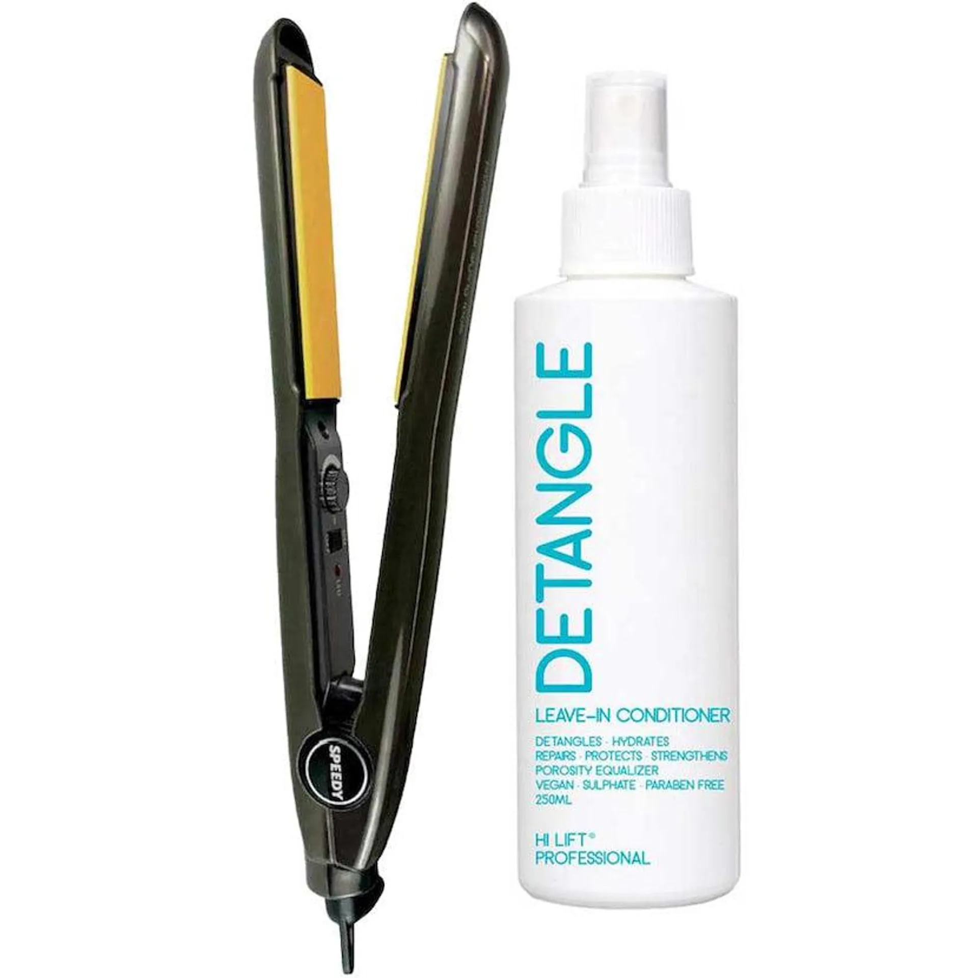 Speedy Straightening Iron Black with Bonus Hi Lift detangle spray Leave In Conditioner