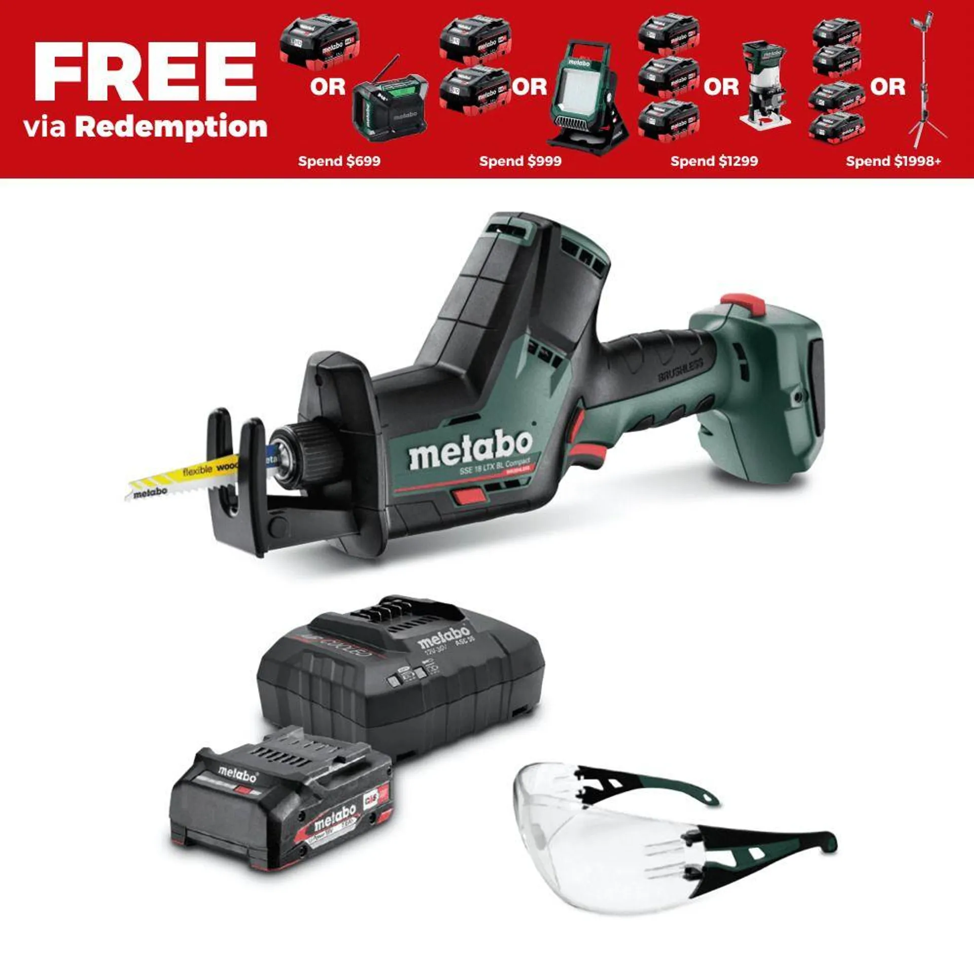 Metabo SSE 18 LTX BL COMPACT 1 LP 2.0 K BG (AU60236603) 18V Brushless Sabre Garden Kit - 2.0Ah Battery + Charger + Safety Glasses