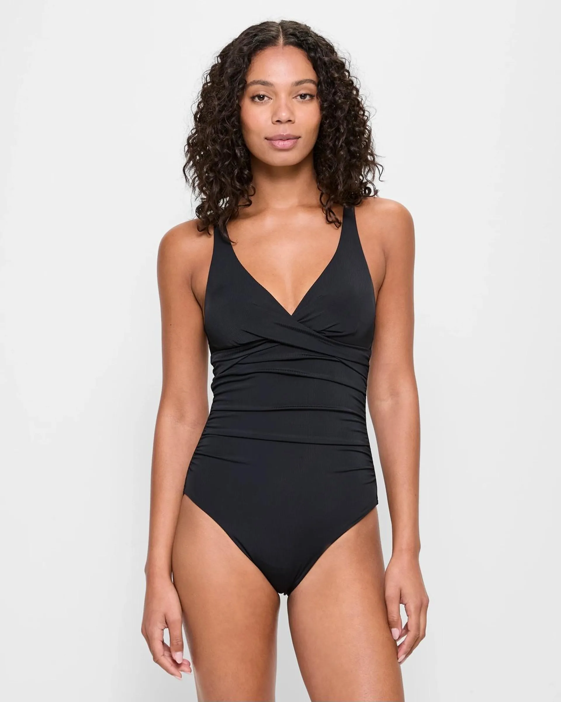 Ribbed Plunge Twist Front One Piece Swim Bathers - Black