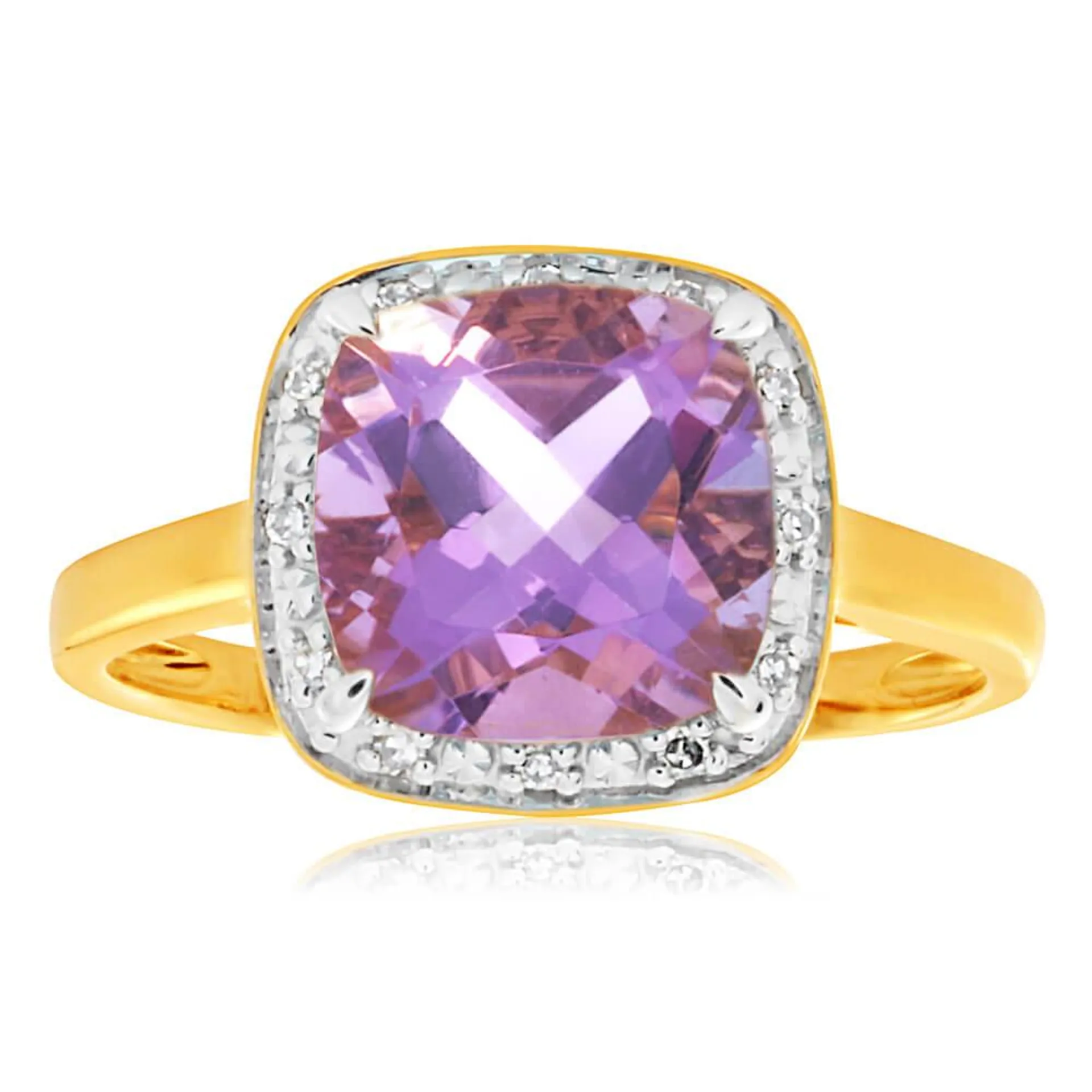 9ct Yellow Gold 8mm Amethyst Diamond Ring