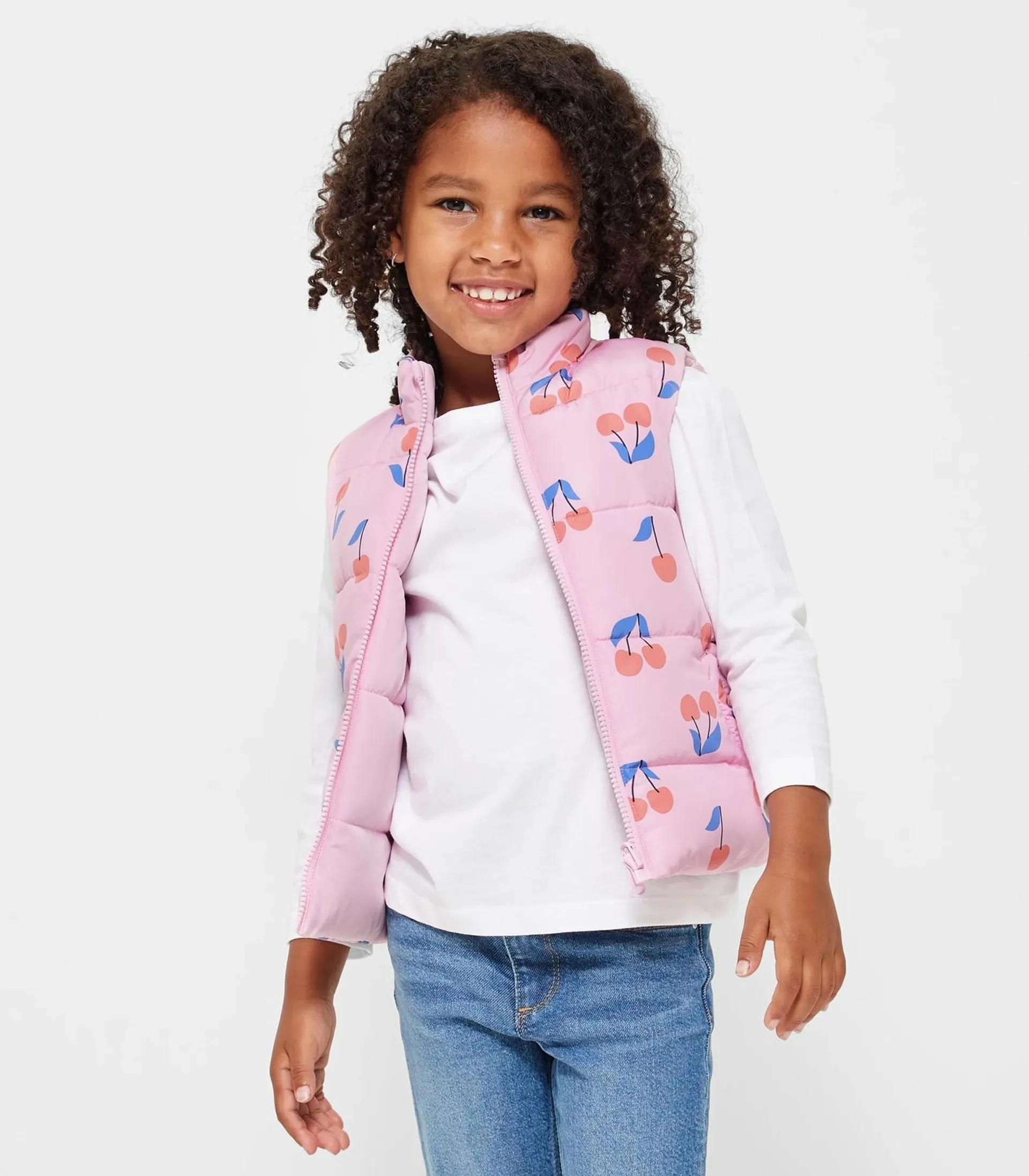 Reversible Print Puffer Vest - pink cherries