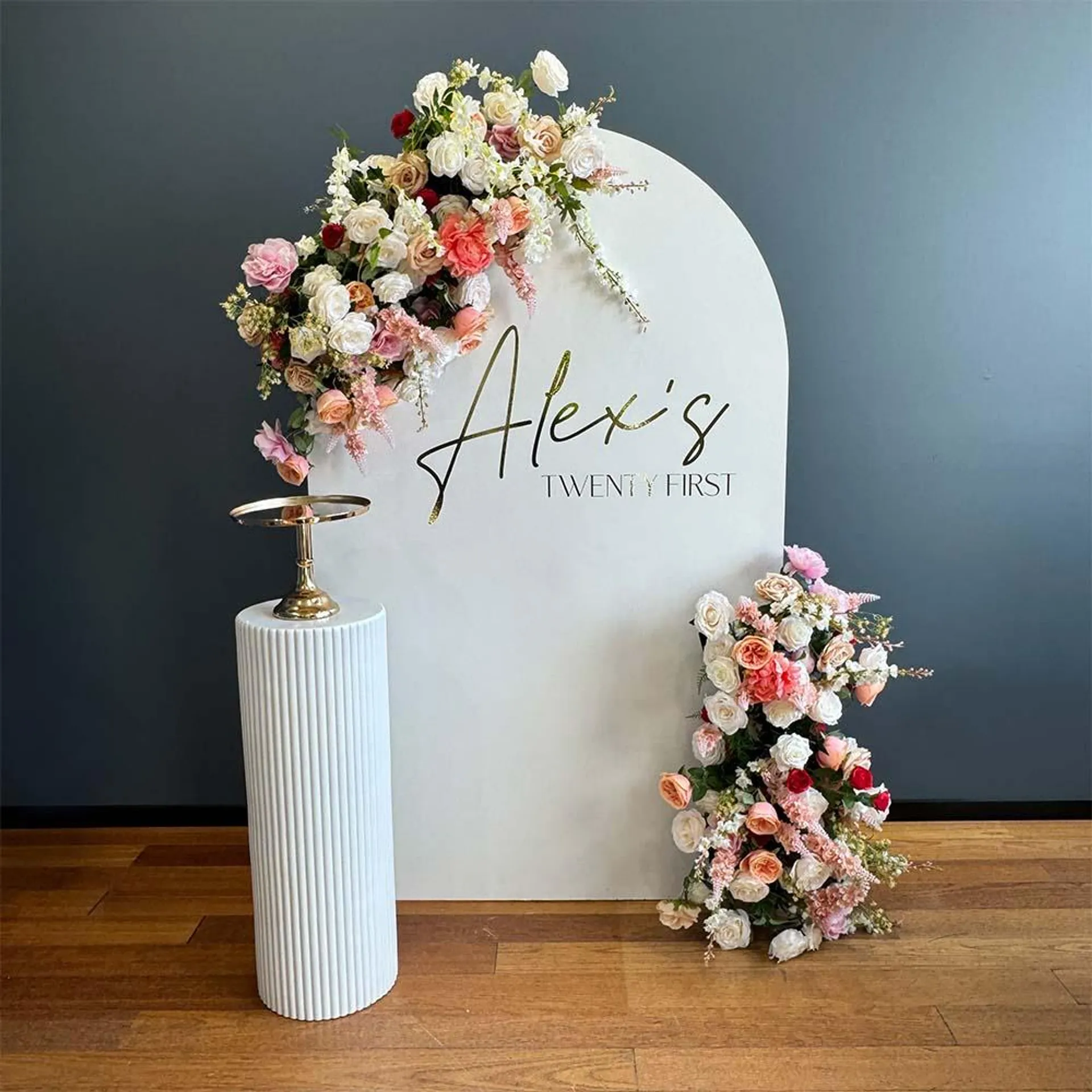 Bloom Pak8 Wooden Arch x 1 with Personalisation, Plinth, Cake Stand & Floral Pie