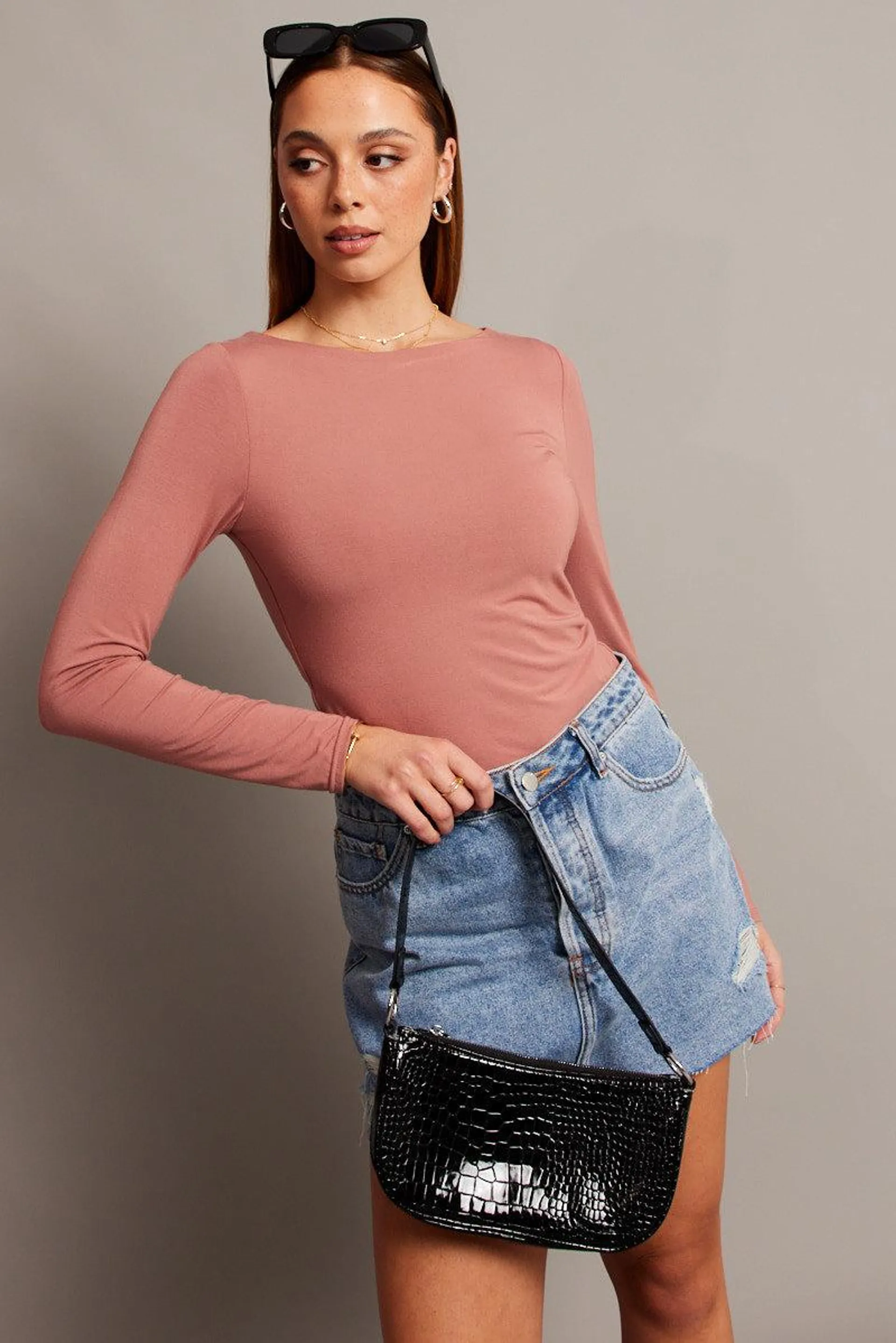 Pink Top Long Sleeve Boat Neck Modal