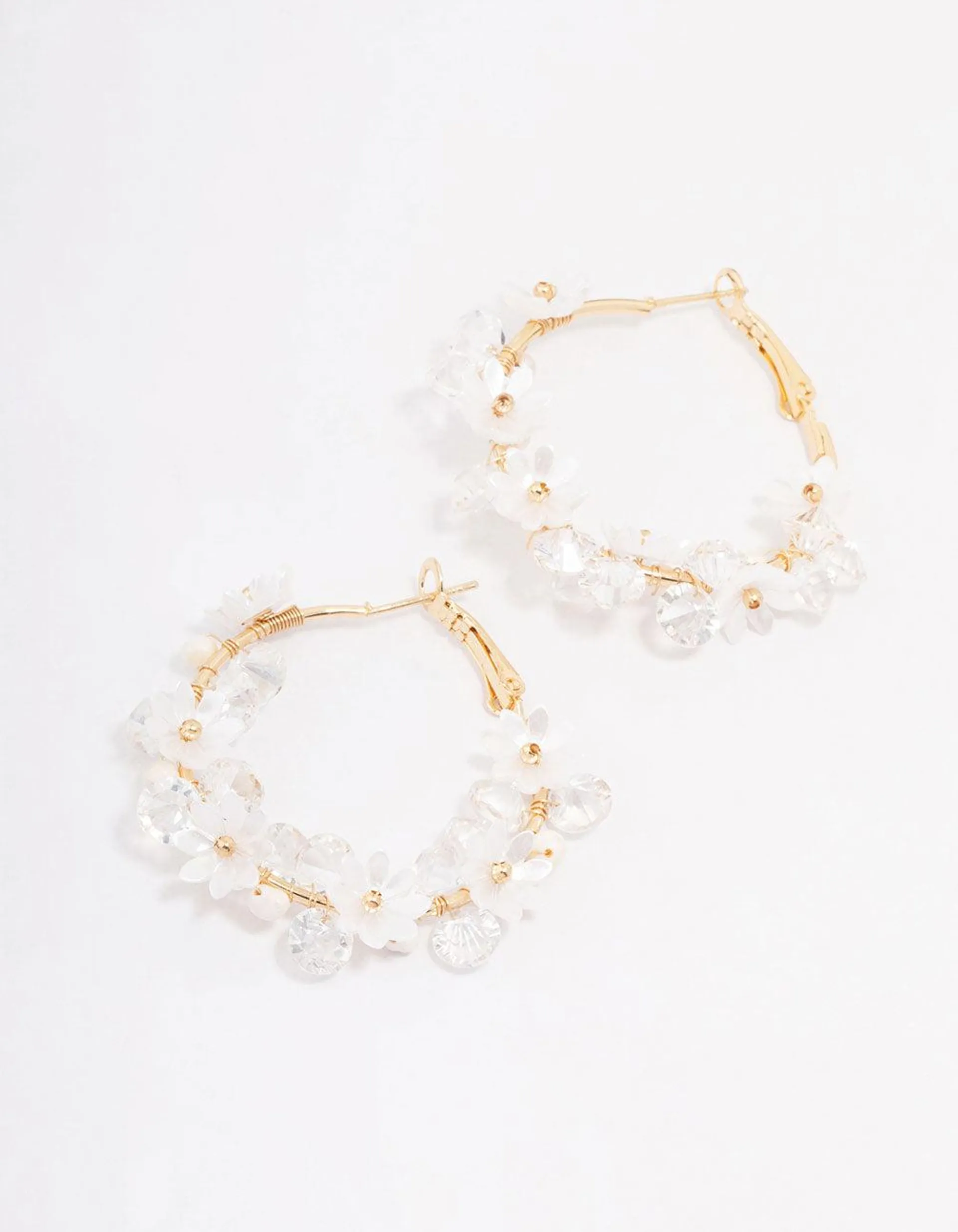 Gold Plated Freshwater Pearl Diamante Flower Hoop Earrings