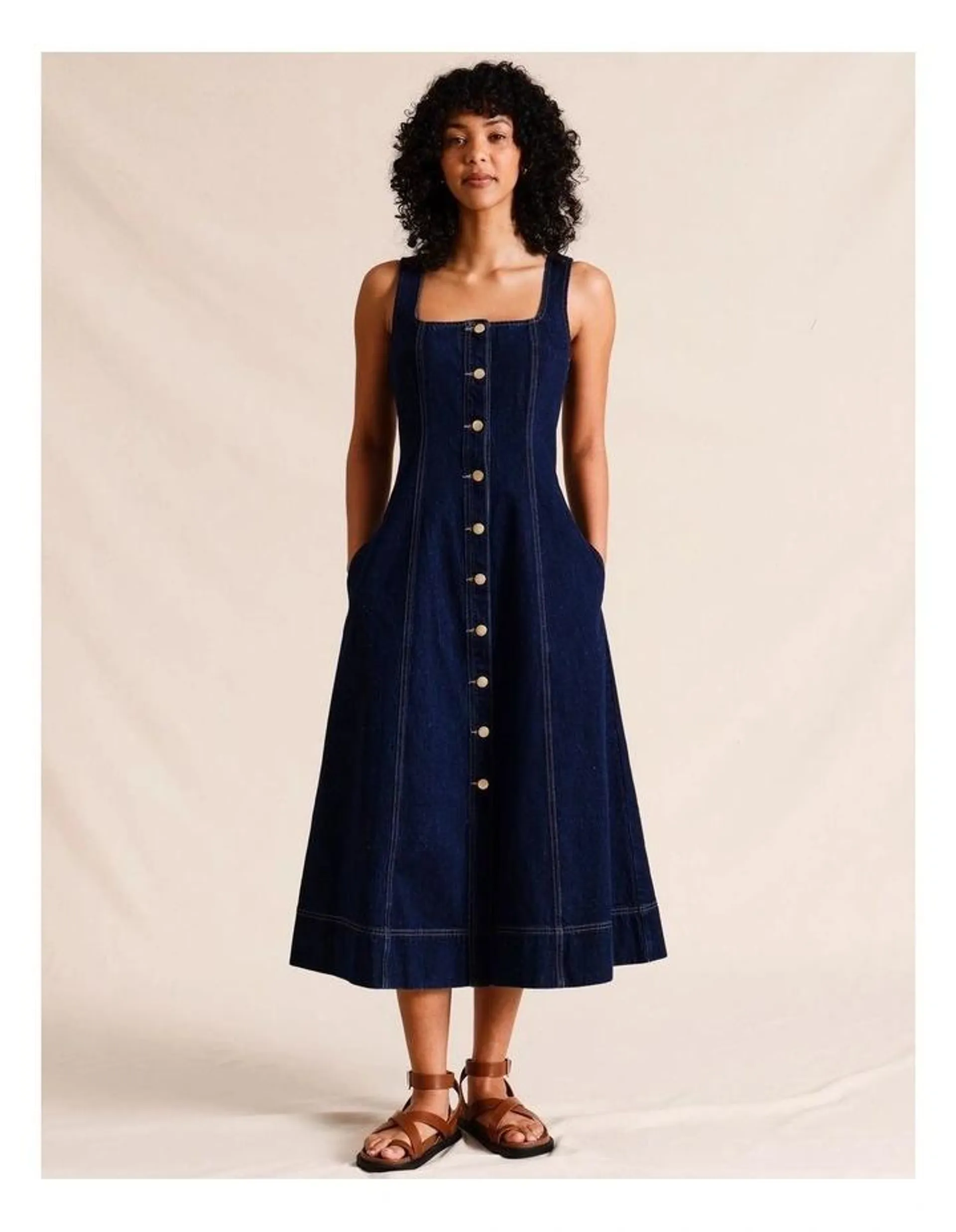 Denim Midi Panel Dress in Indigo