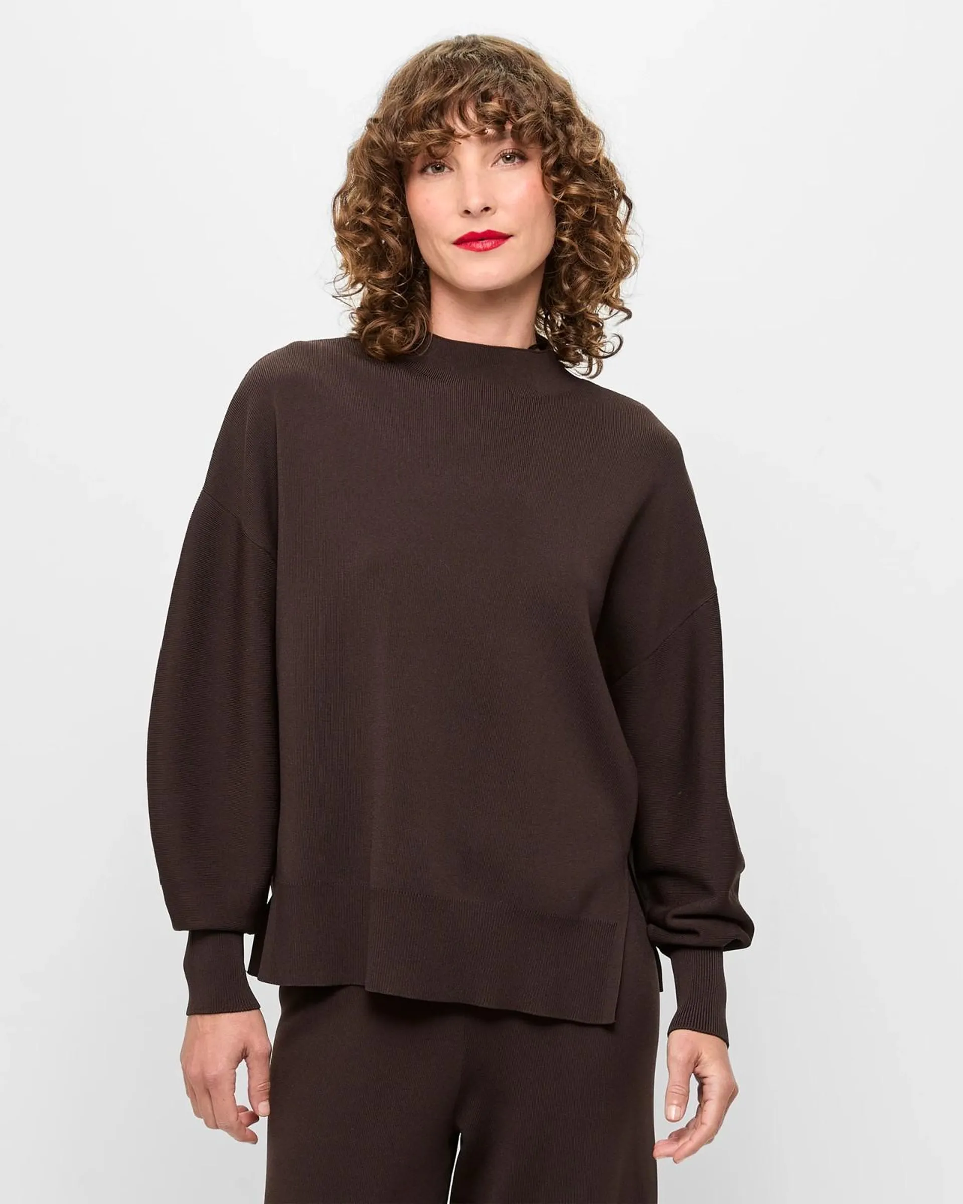 Long Sleeve Mock Neck Crepe Knit Jumper - Preview - Bitter Chocolate