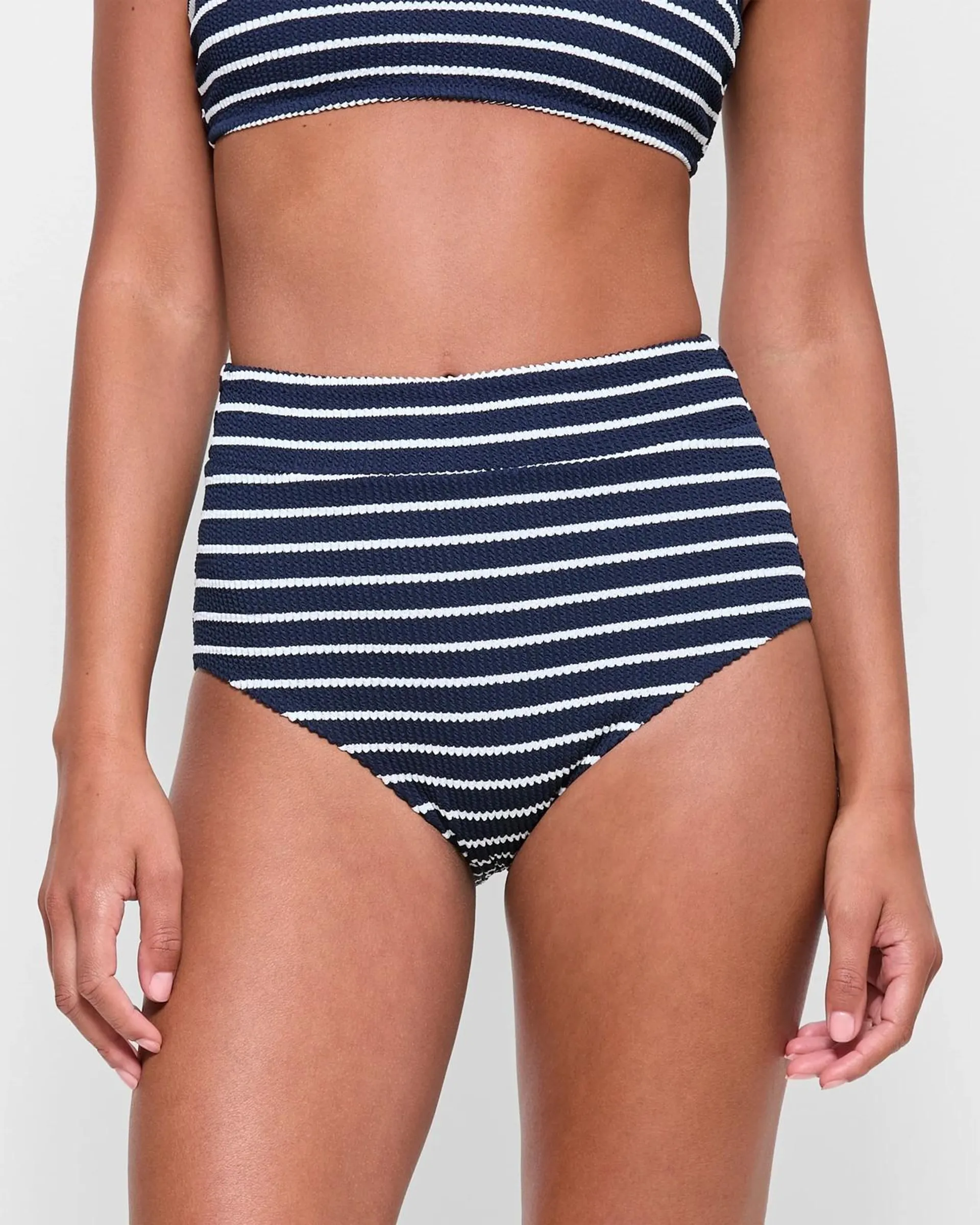 Crinkle High Waisted Swim Bikini Briefs - Navy / White Stripe