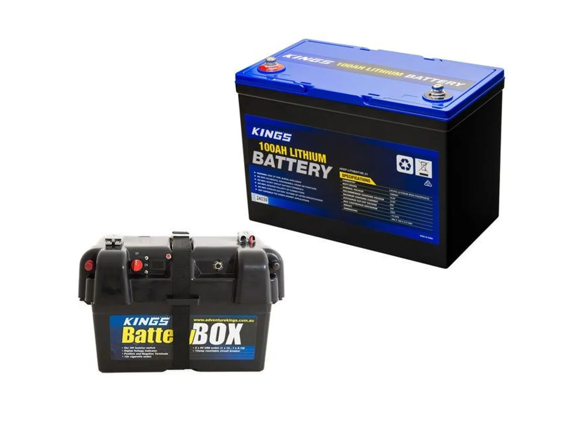 Kings 12V 100Ah Deep Cycle Lithium LiFePO4 Battery + Battery Box - Small