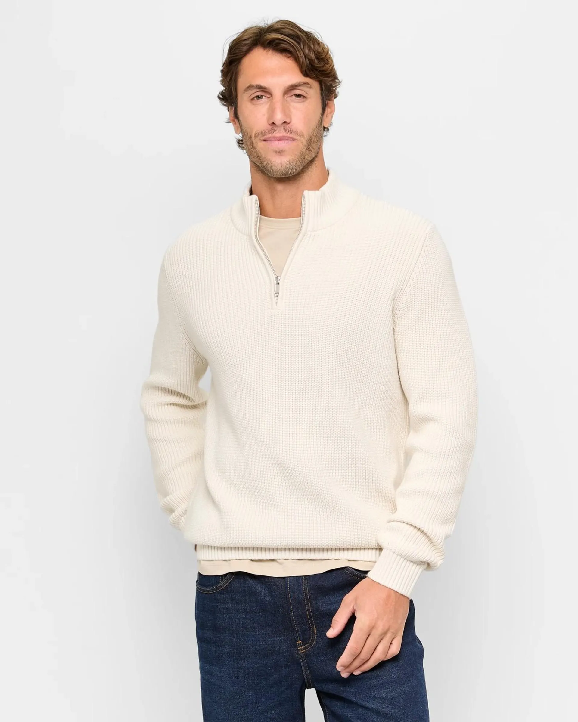 Australian Cotton 1/2 Zip Knit Jumper - Chalk