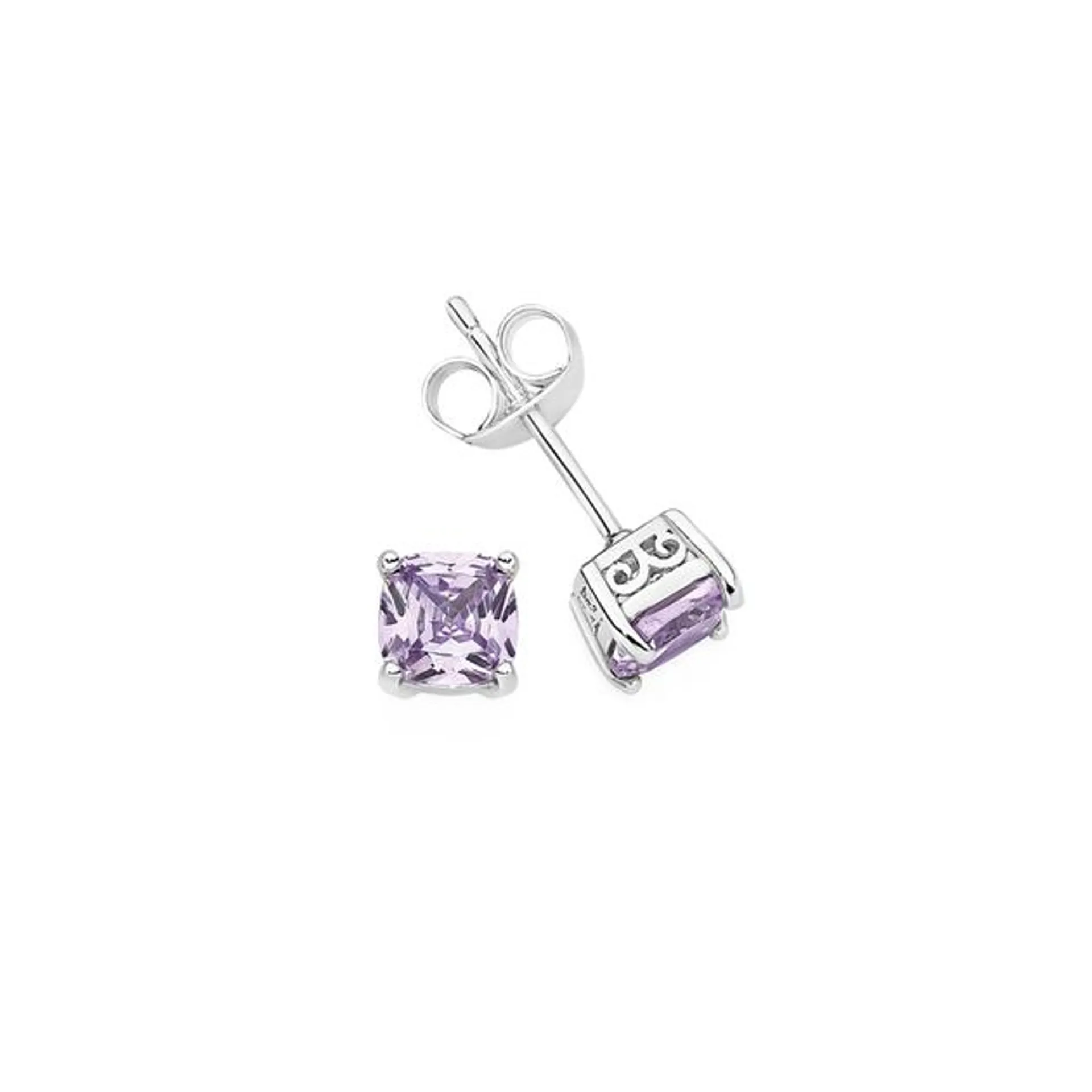 Silver 5mm Lavender CZ Cushion Cut 4 Claw Earrings