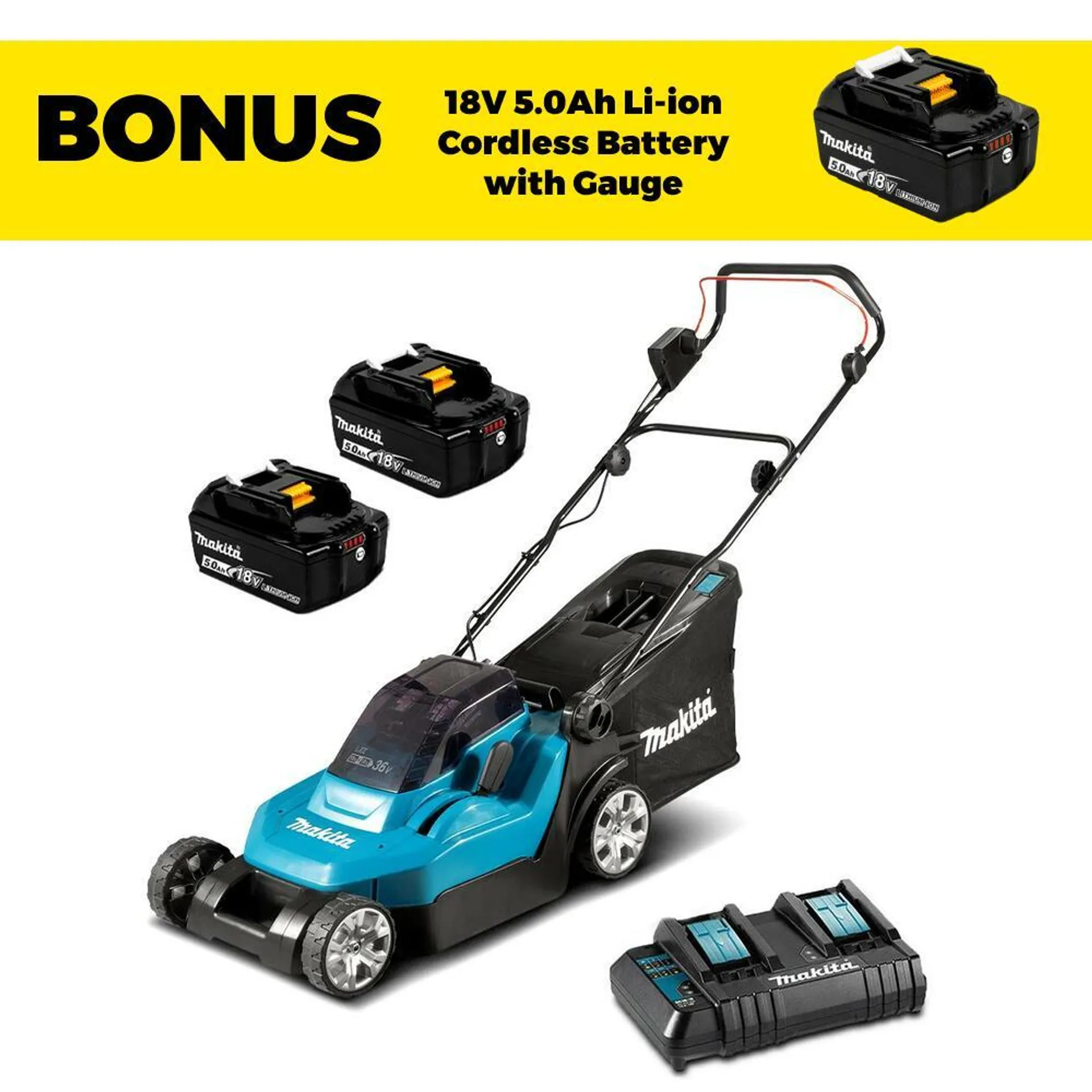 Makita DLM382CT2 36V (18V x 2) Li-ion Cordless Brushless 380mm (15") Lawn Mower Combo Kit