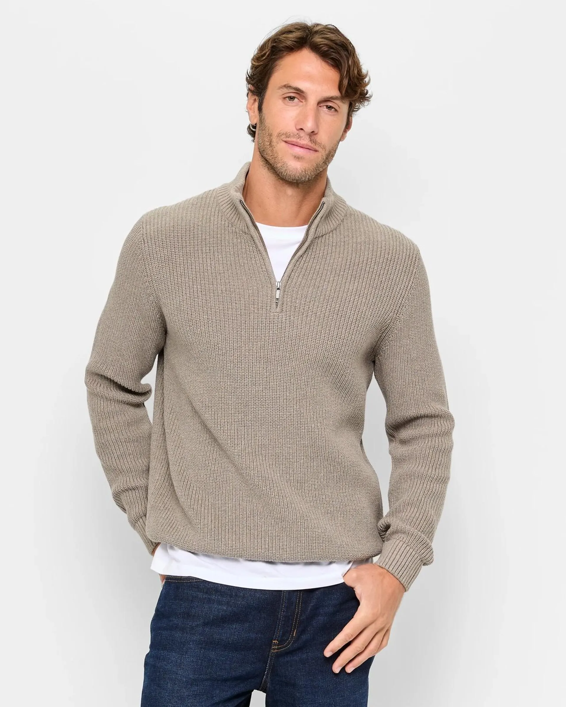 Australian Cotton 1/2 Zip Knit Jumper - Rock