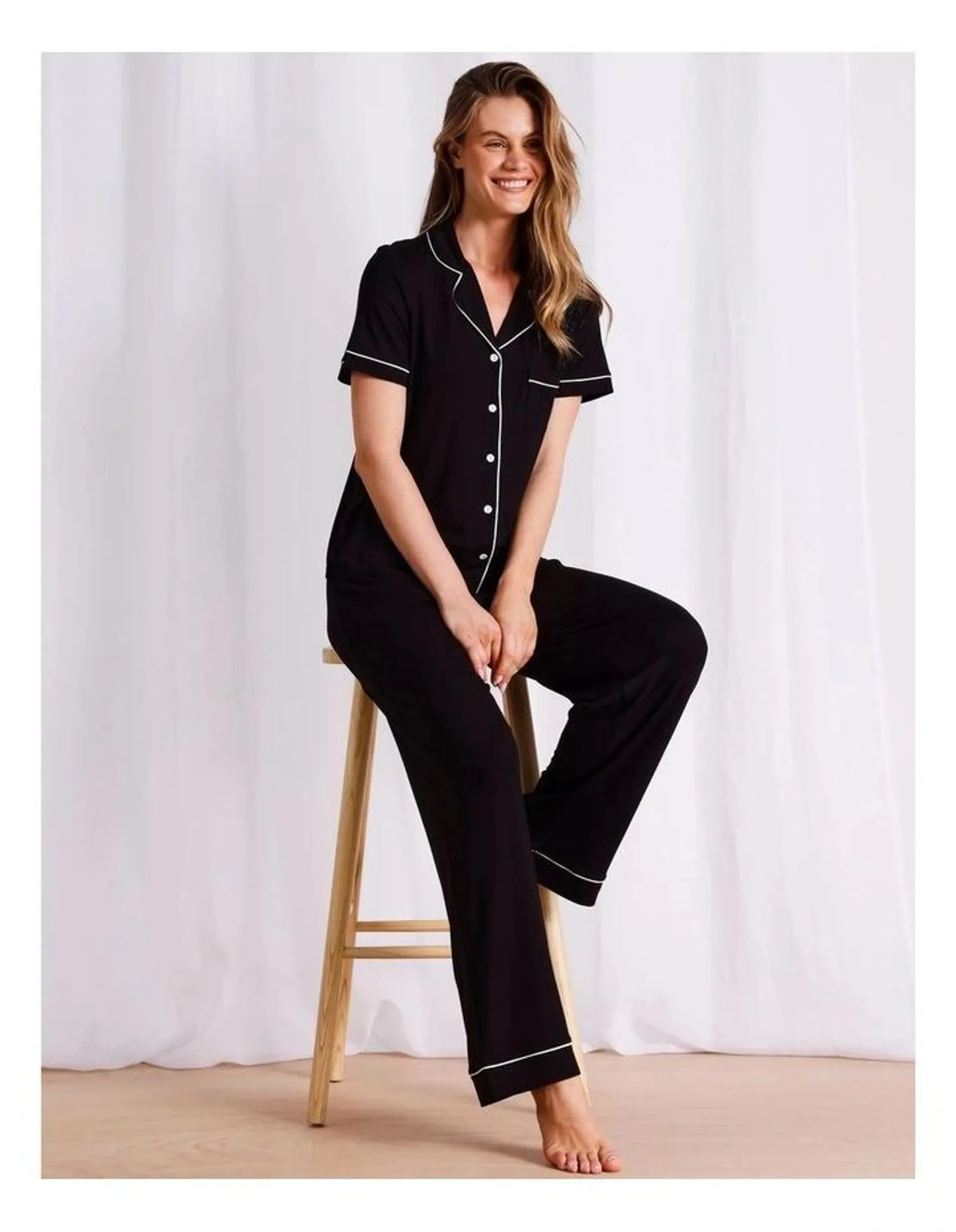 Pure Comfort Short Sleeve Long PJ Set in Black