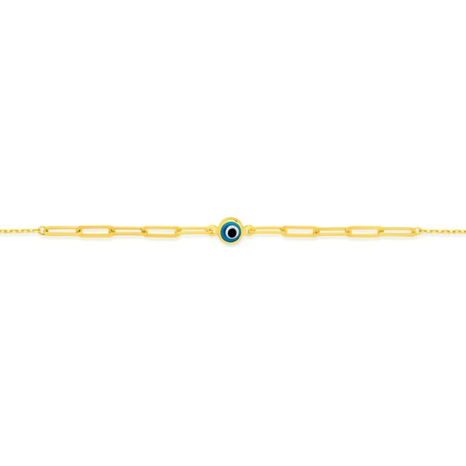 9ct Gold 19cm Evil Eye Paperclip & Cable Bracelet