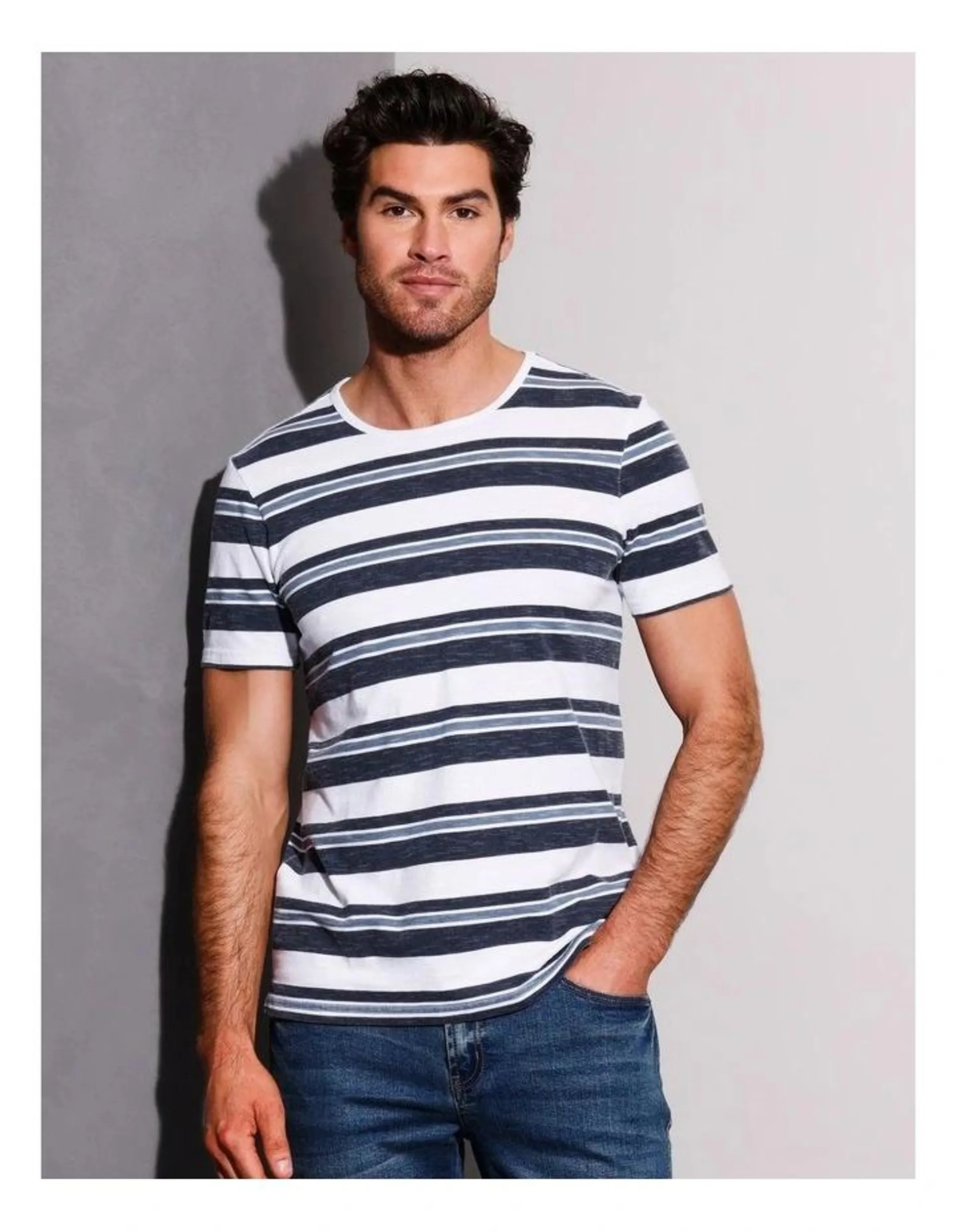 Maddox Sean Stripe Short Sleeve Tee in Navy