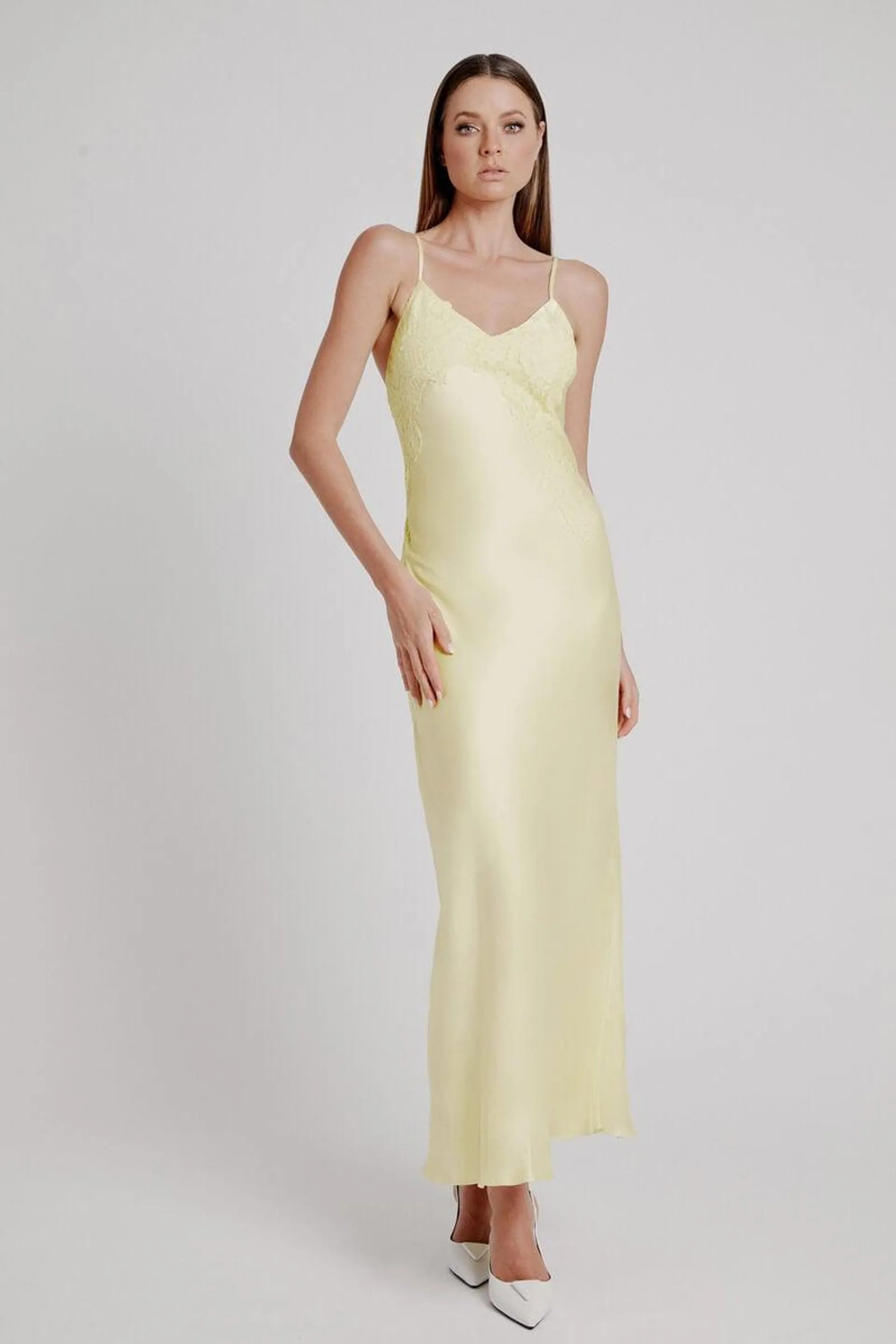 avoco lace detail midi dress in canary yellow