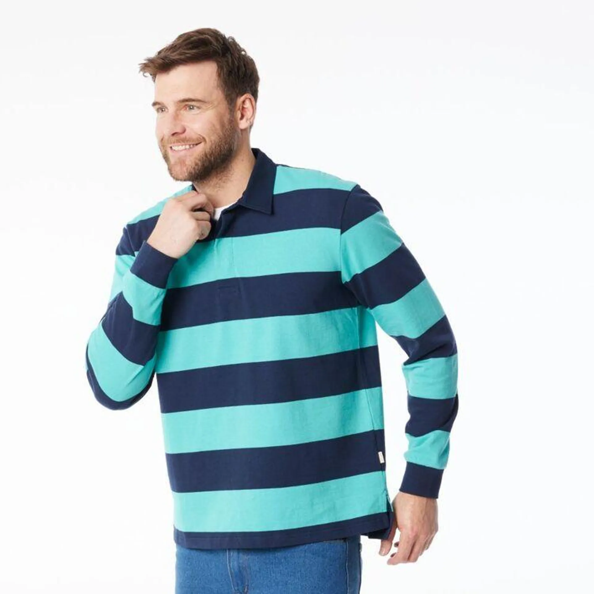 JC Lanyon Men's Brixton Block Stripe Rugby Navy & Ocean