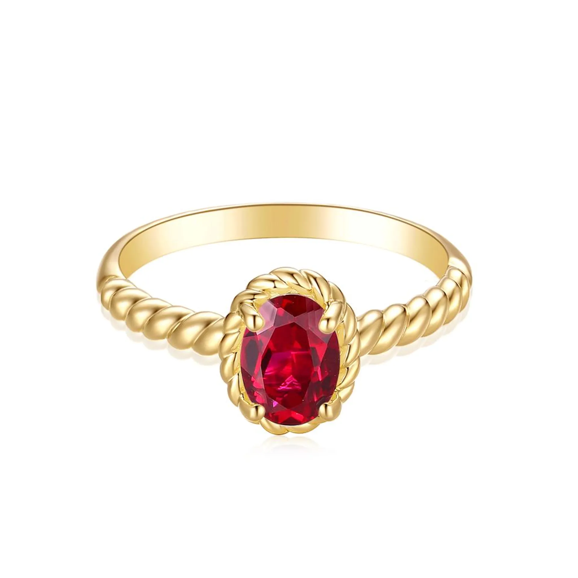 9ct Yellow Gold Oval Cut 7x5mm Created Ruby July Ring