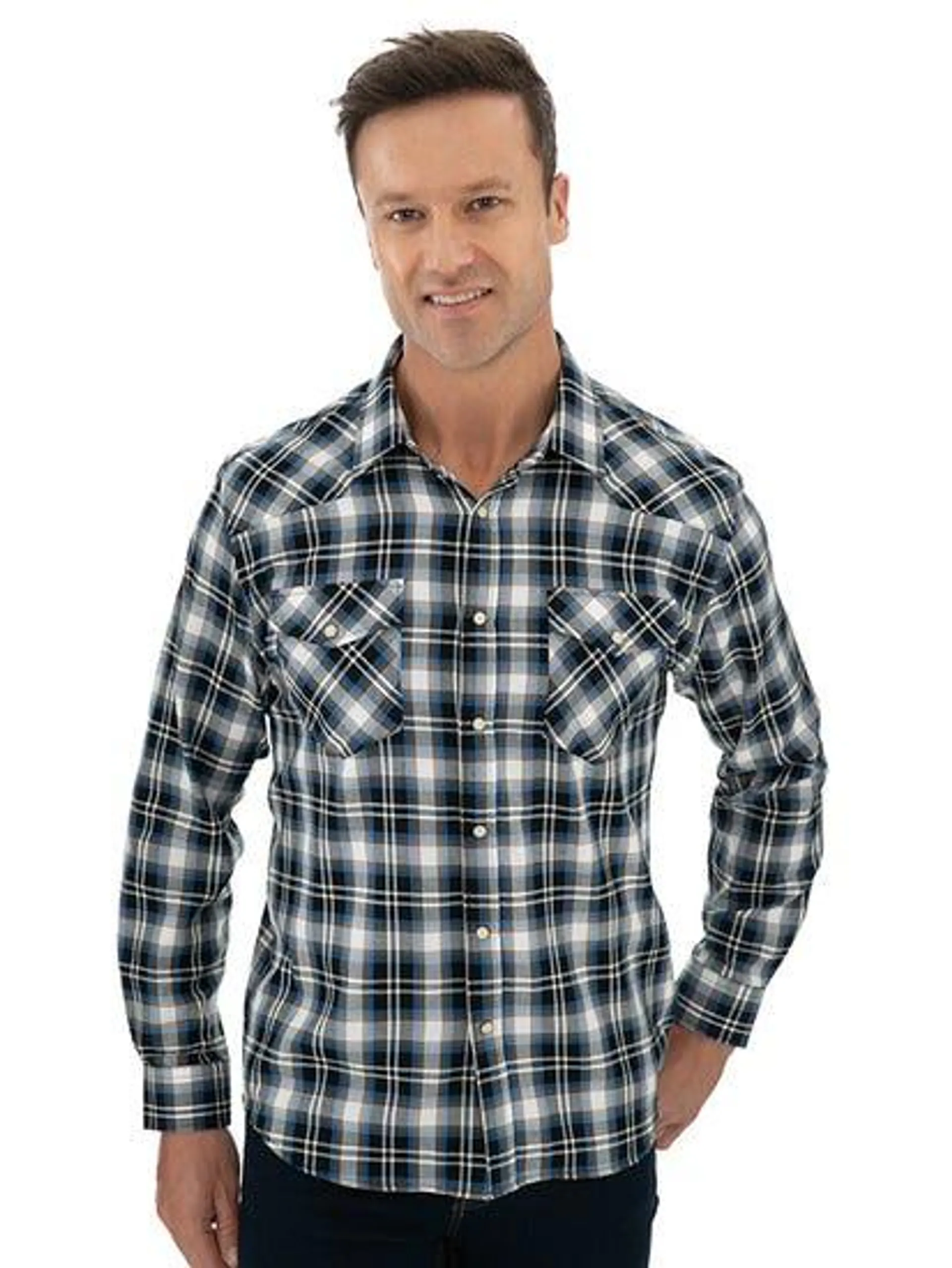 Mens Western Check Shirt Navy Brown