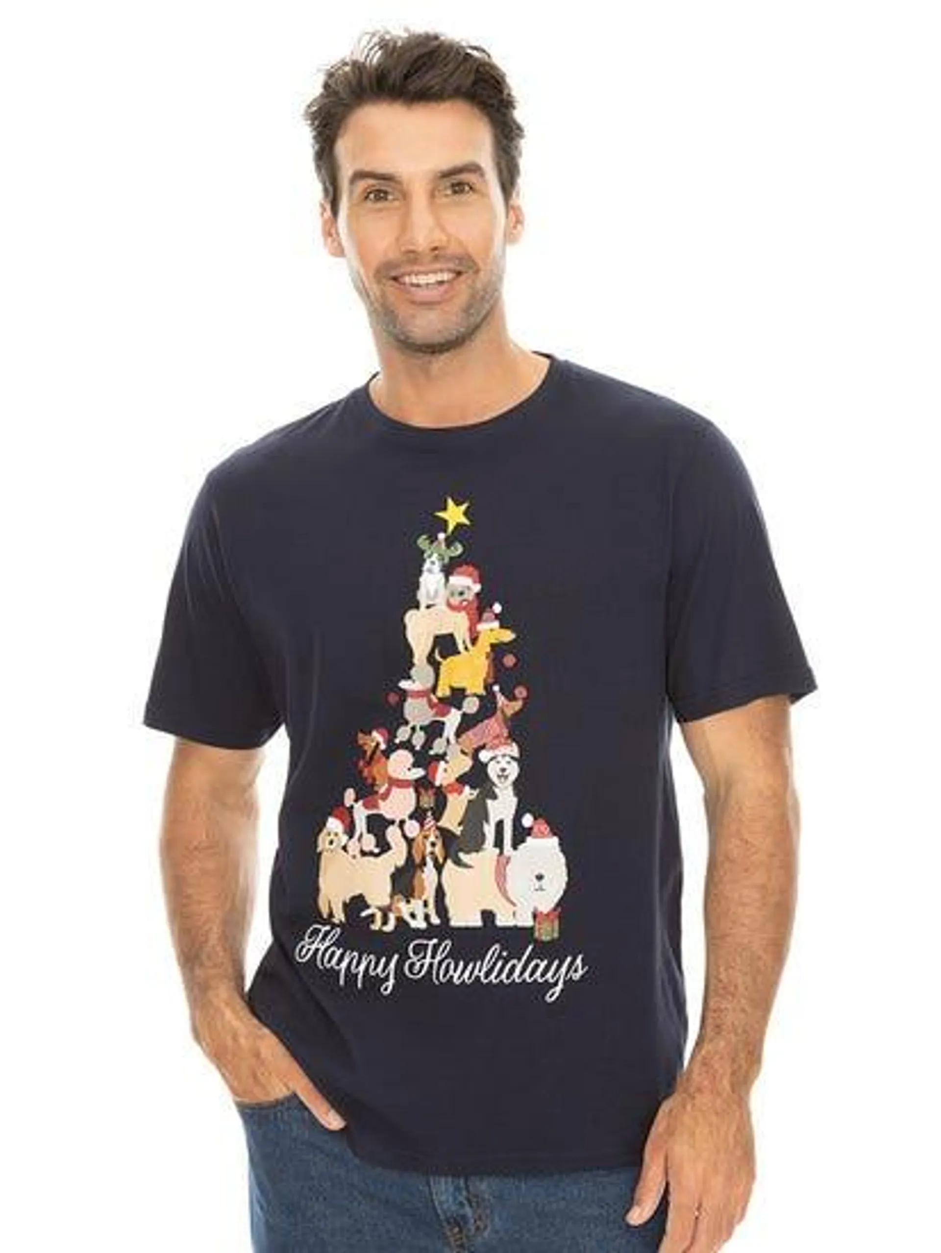 Lowes Mens Happy Howlidays Dogs T-shirt Navy