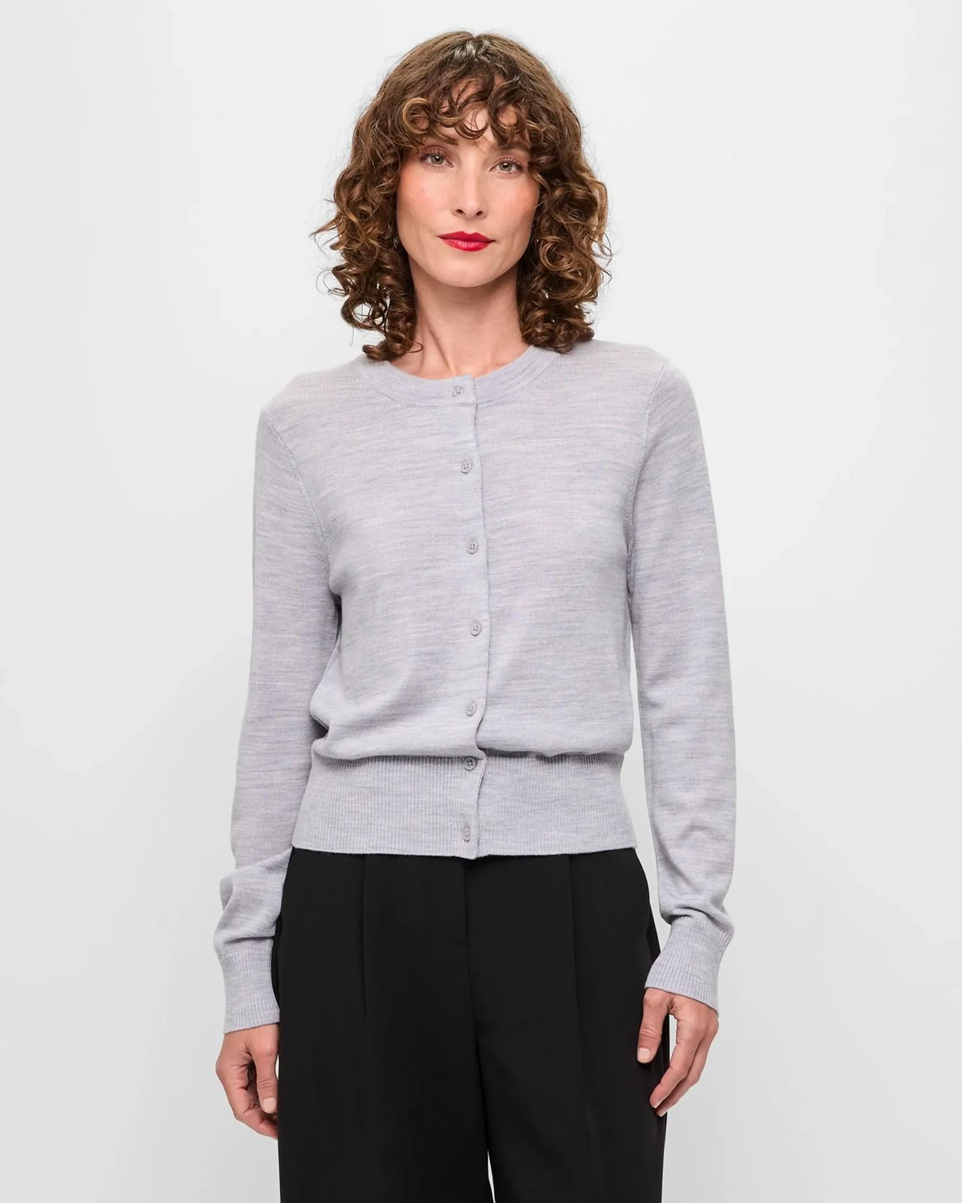 Long Sleeve Merino Cardigan - Preview - Light Grey Marle