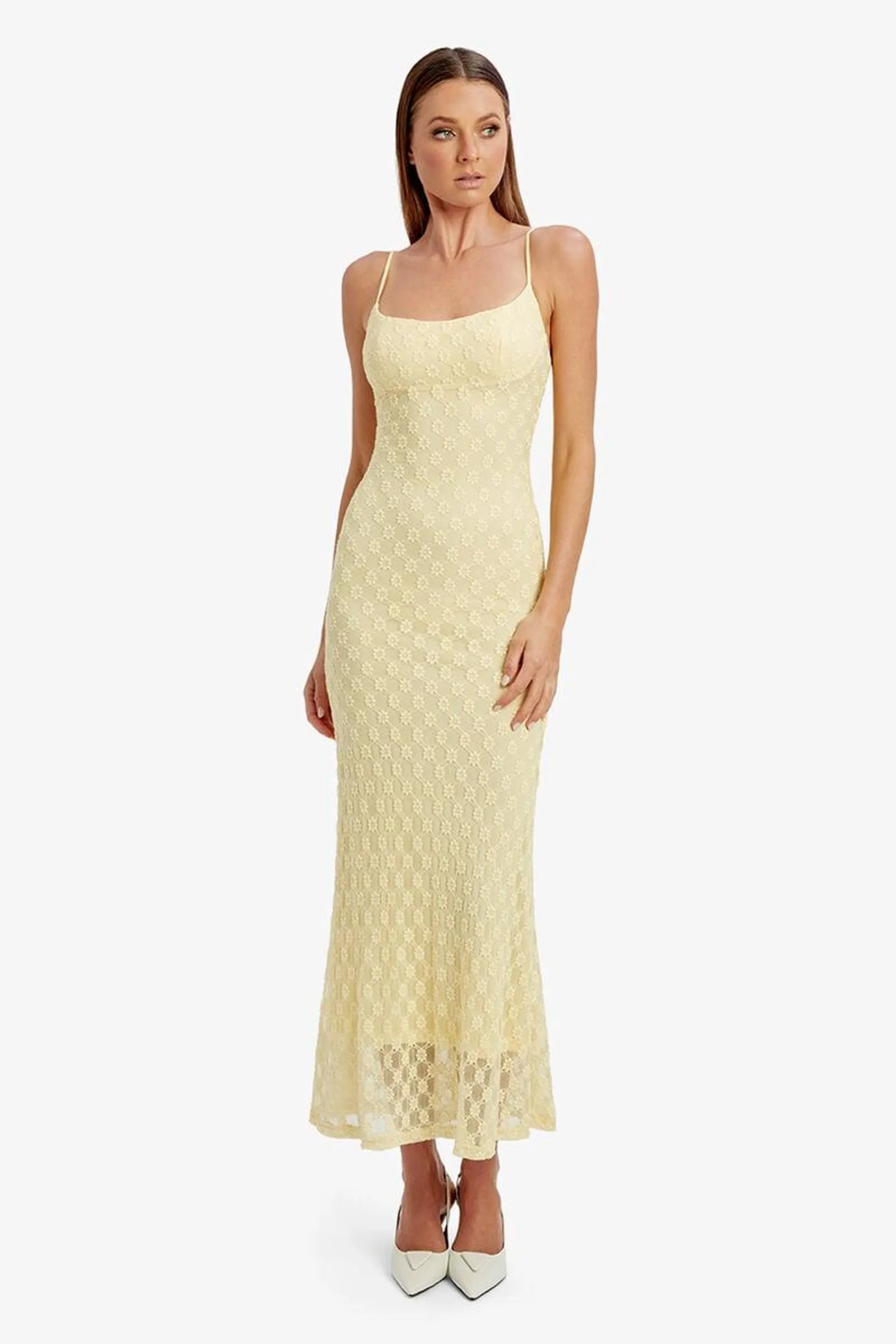 adoni mesh midi dress in canary yellow