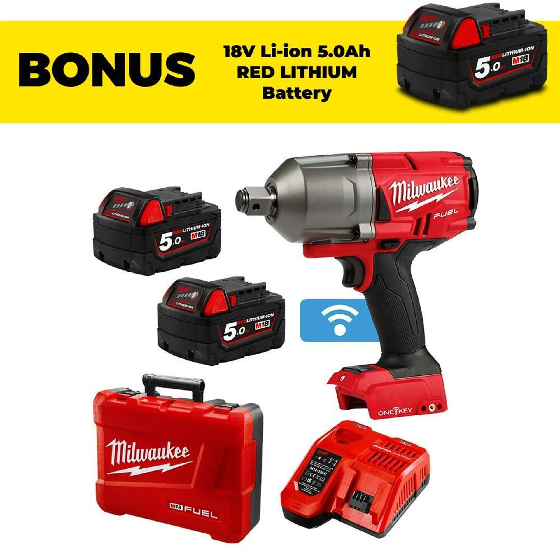 Milwaukee M18ONEFHIWF34-502C 18V 5.0Ah Li-Ion Cordless Fuel ONE-KEY 3/4" High Torque Impact Wrench Combo Kit