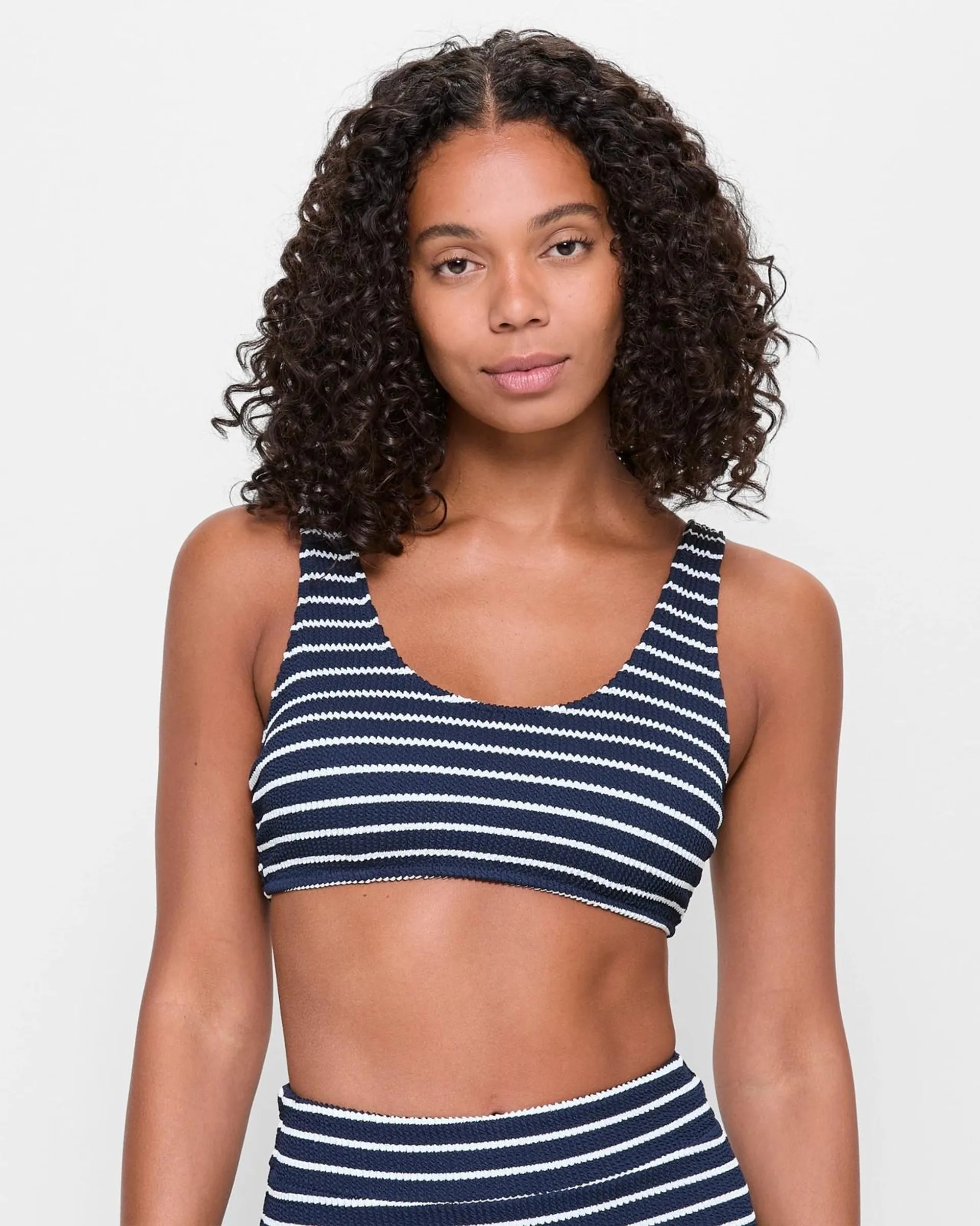 Crinkle Scoop Swim Bikini Top - Navy / White Stripe