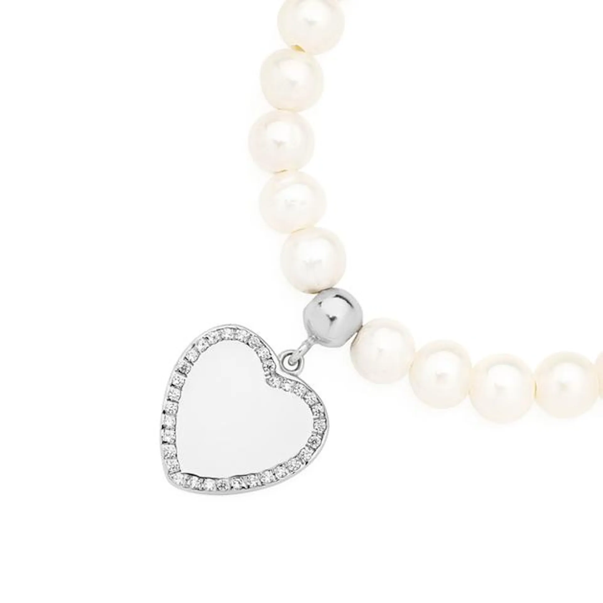 Silver & CZ Heart on 5mm Culture Freshwater Pearl Bracelet