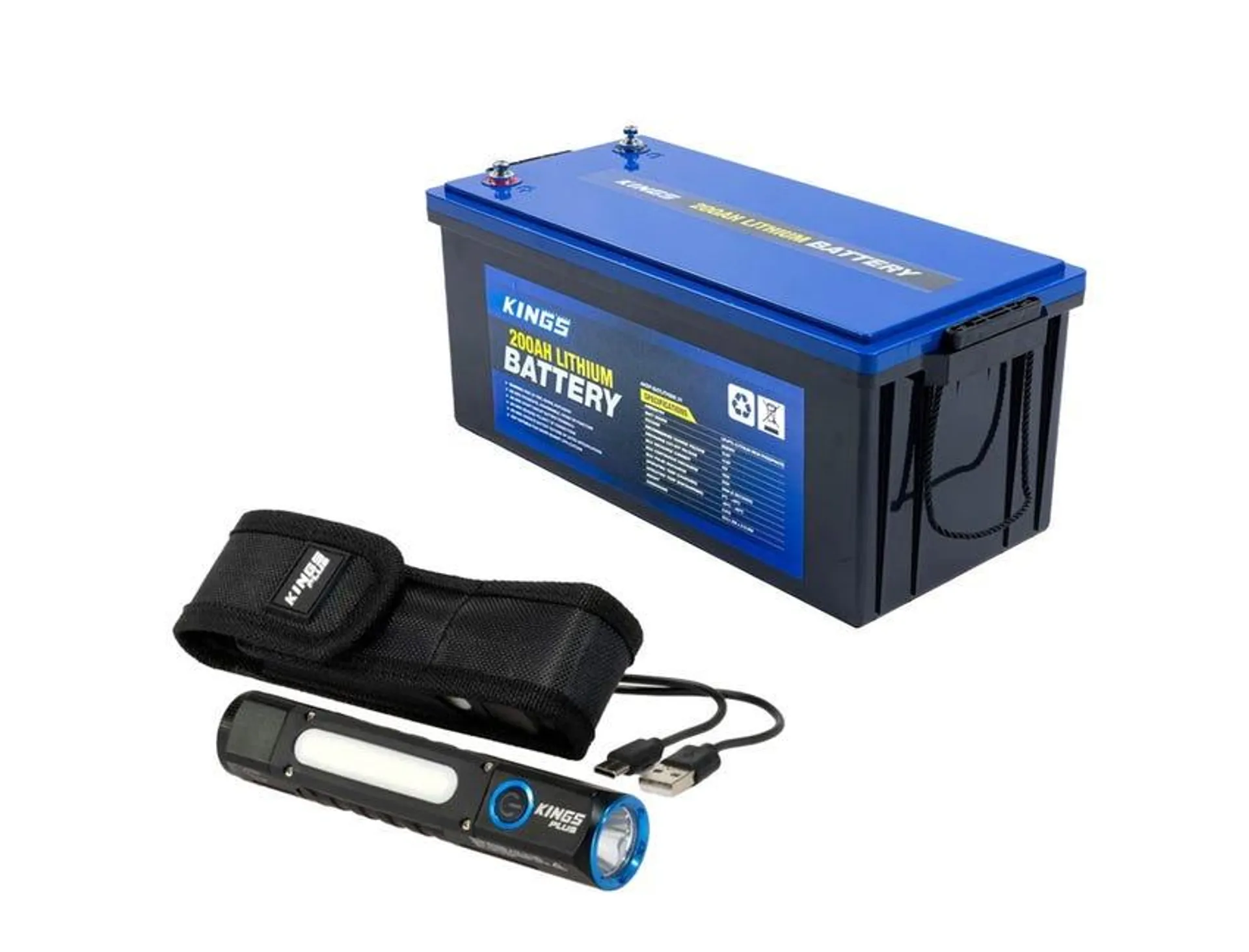 Kings 12V 200Ah Deep Cycle Lithium LiFePO4 Battery + Rechargeable Lithium Torch