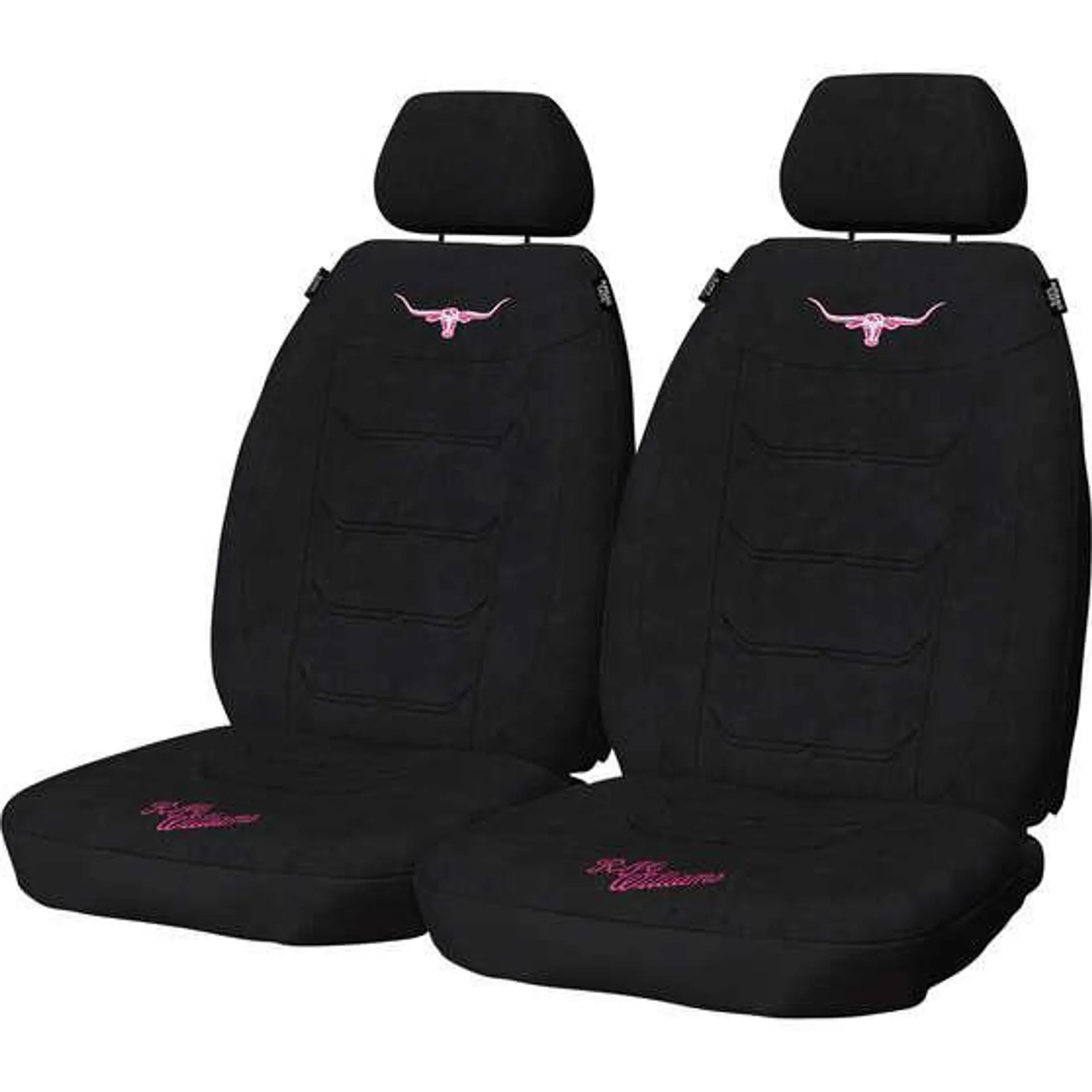 R.M.Williams Jillaroo Suede Velour Seat Covers Black/Pink Adjustable Headrests Size 30 Front Pair Airbag Compatible